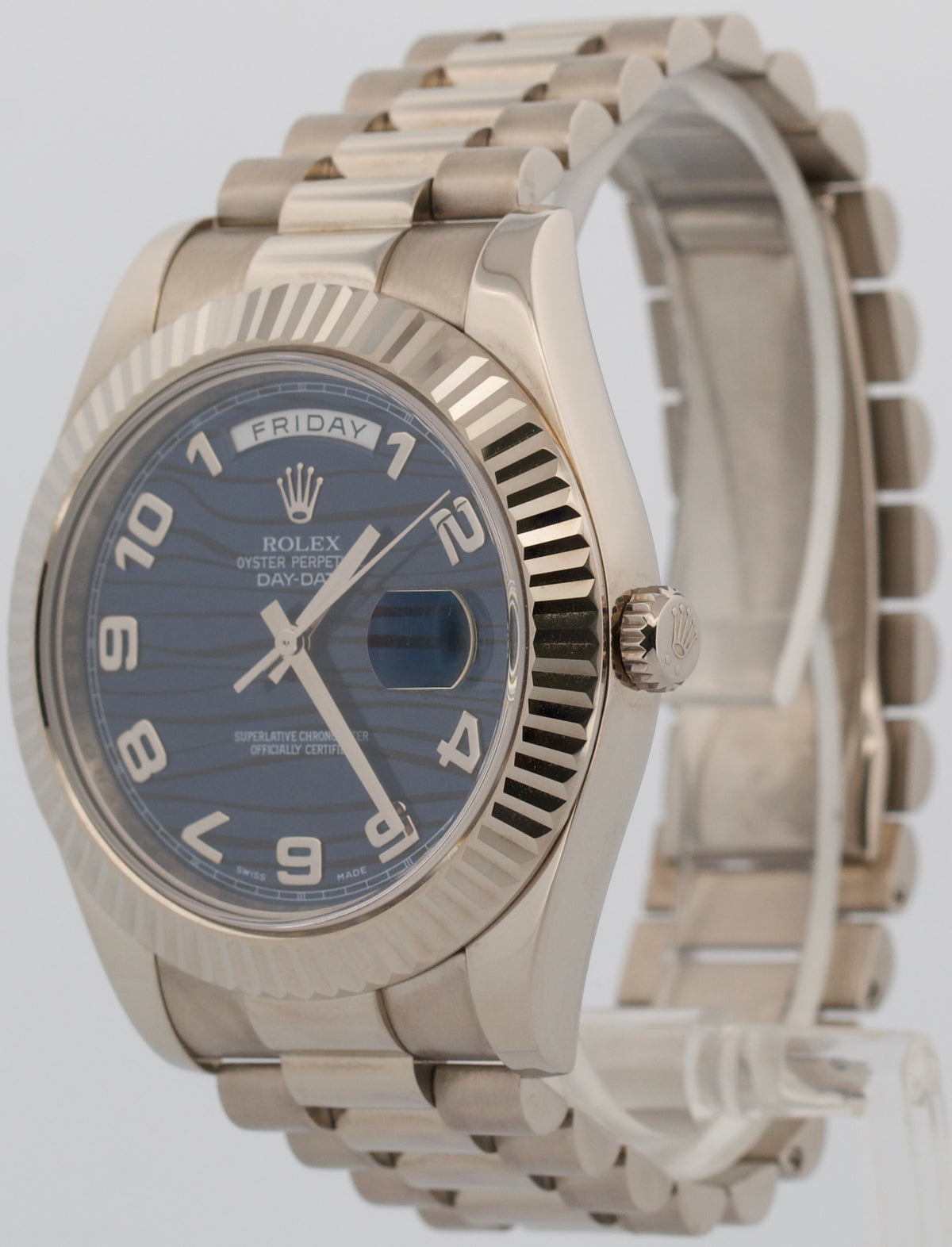 Rolex Day-Date II 218239 Blue Arabic Wave 18K White Gold President 41mm Box