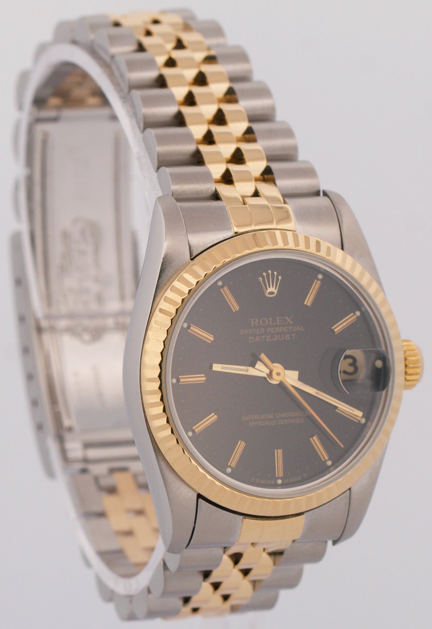 Rolex DateJust 31mm Midsize Two-Tone BLACK 18K Yellow Gold Fluted Watch 68273