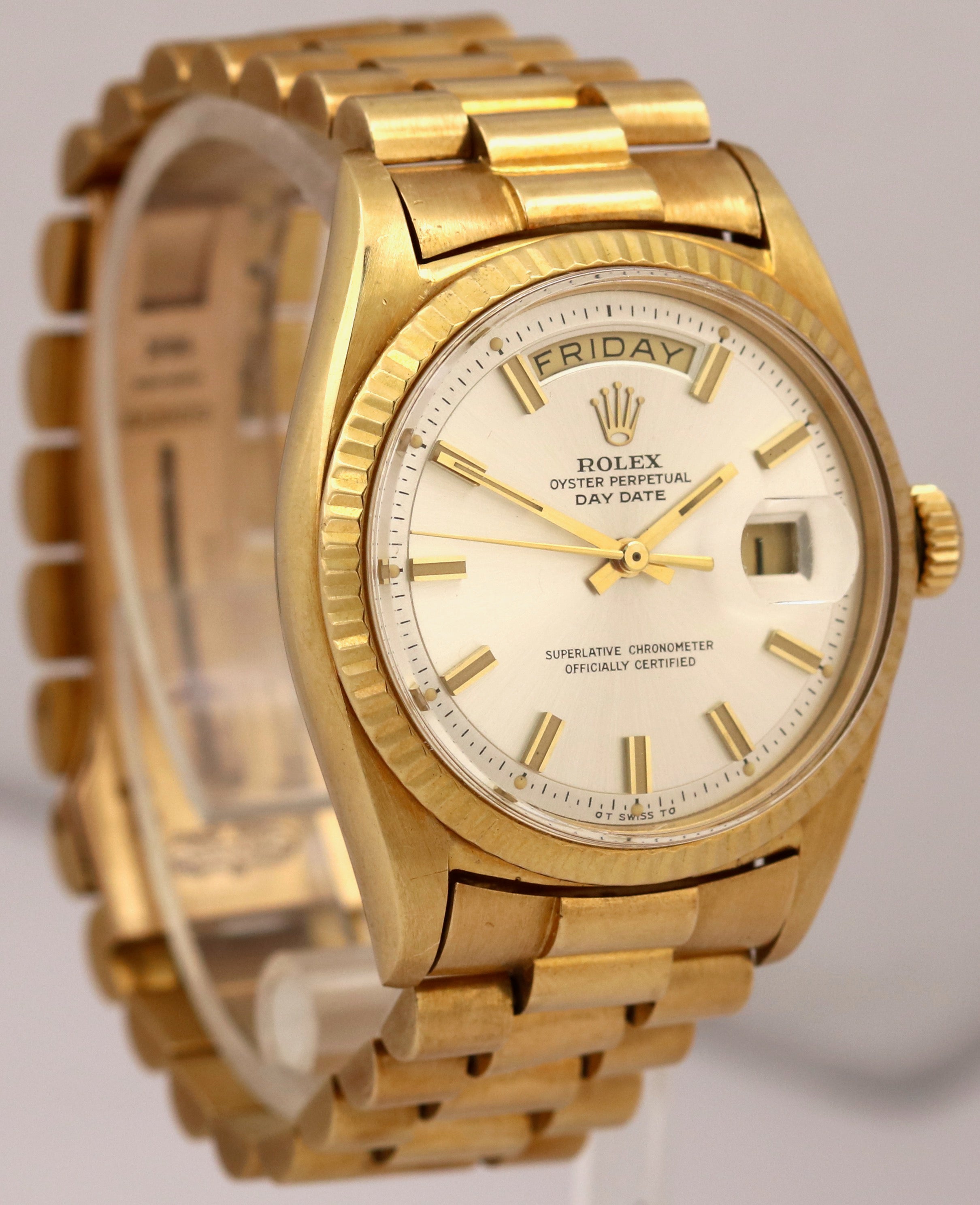 Vintage 1969 Rolex Day Date Wide Boy Dial 18K Yellow Gold Silver 36mm 1803 Watch