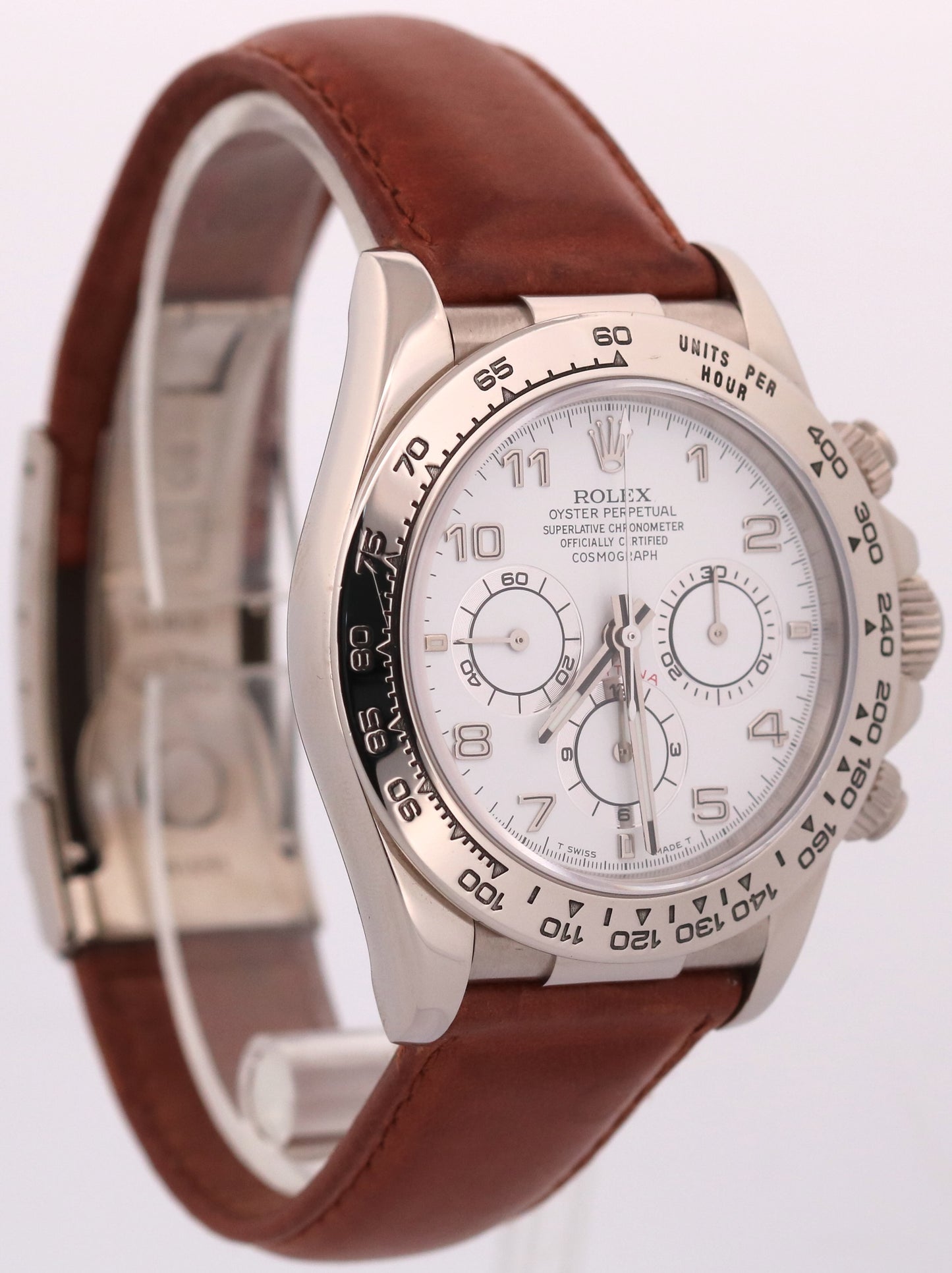 1997 PAPERS Rolex Daytona WHITE ARABIC 18K Gold Brown Leather 40mm 16519 BOX
