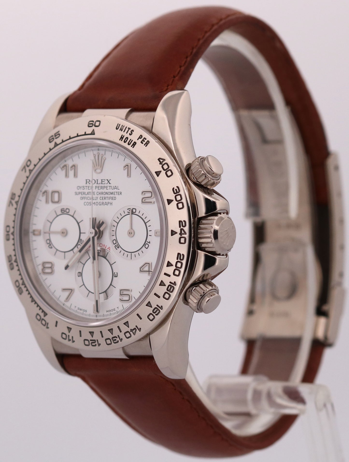 1997 PAPERS Rolex Daytona WHITE ARABIC 18K Gold Brown Leather 40mm 16519 BOX