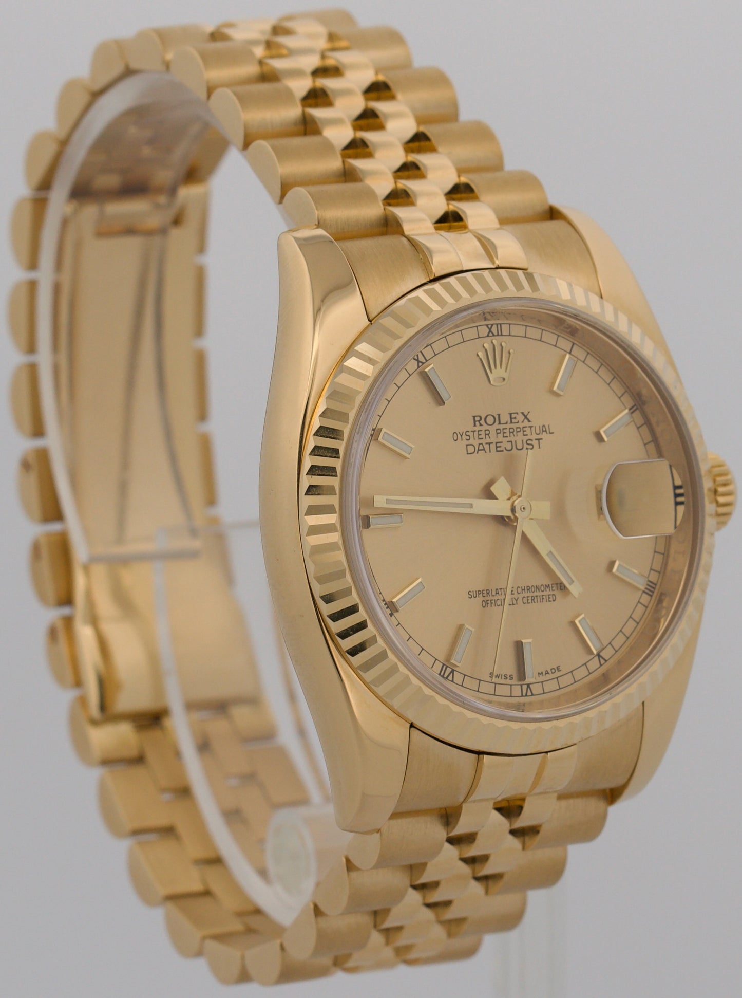 2008 PAPERS Rolex DateJust 36mm CHAMPAGNE 18K Gold Jubilee REHAUT 116238 BOX
