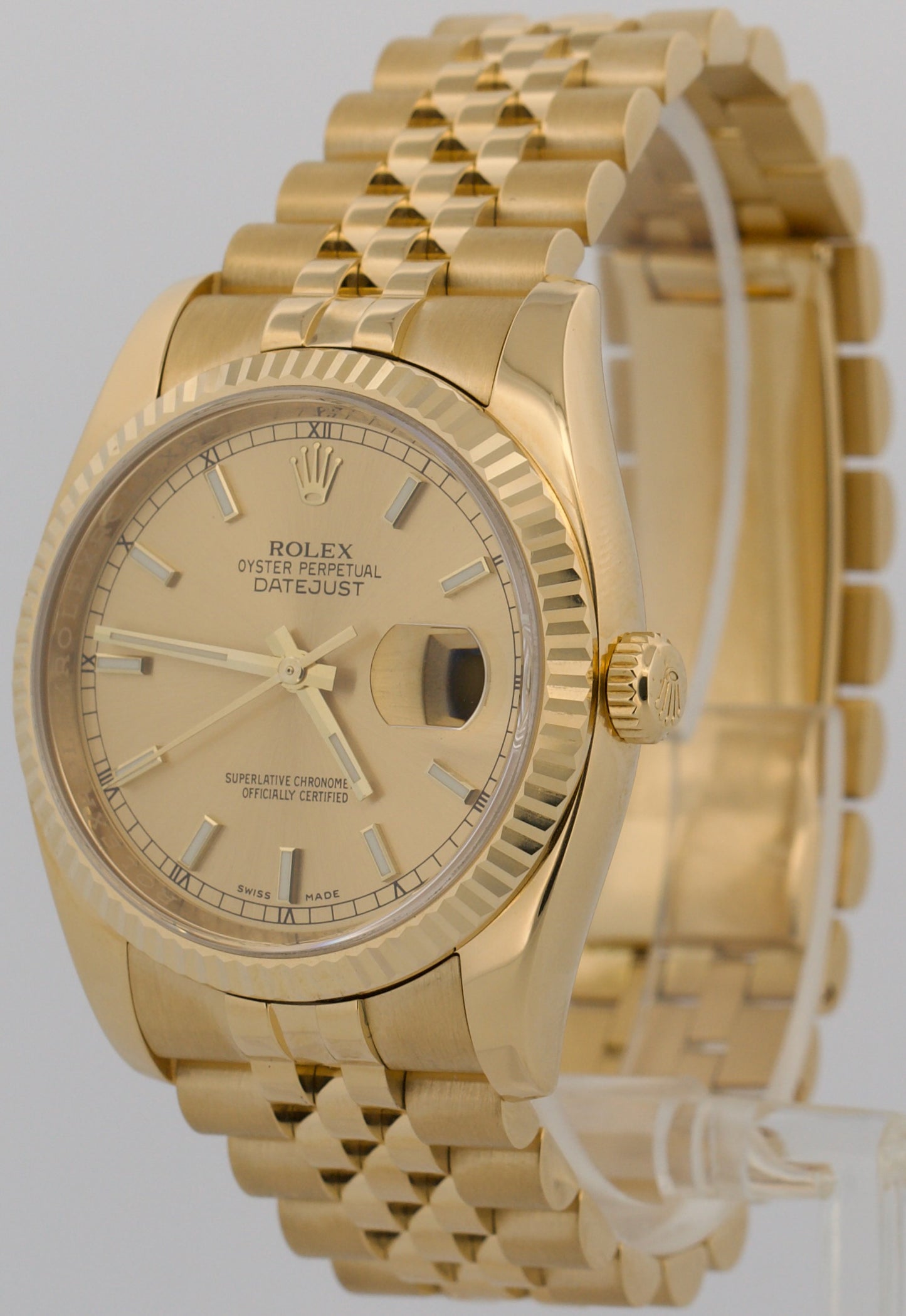 2008 PAPERS Rolex DateJust 36mm CHAMPAGNE 18K Gold Jubilee REHAUT 116238 BOX