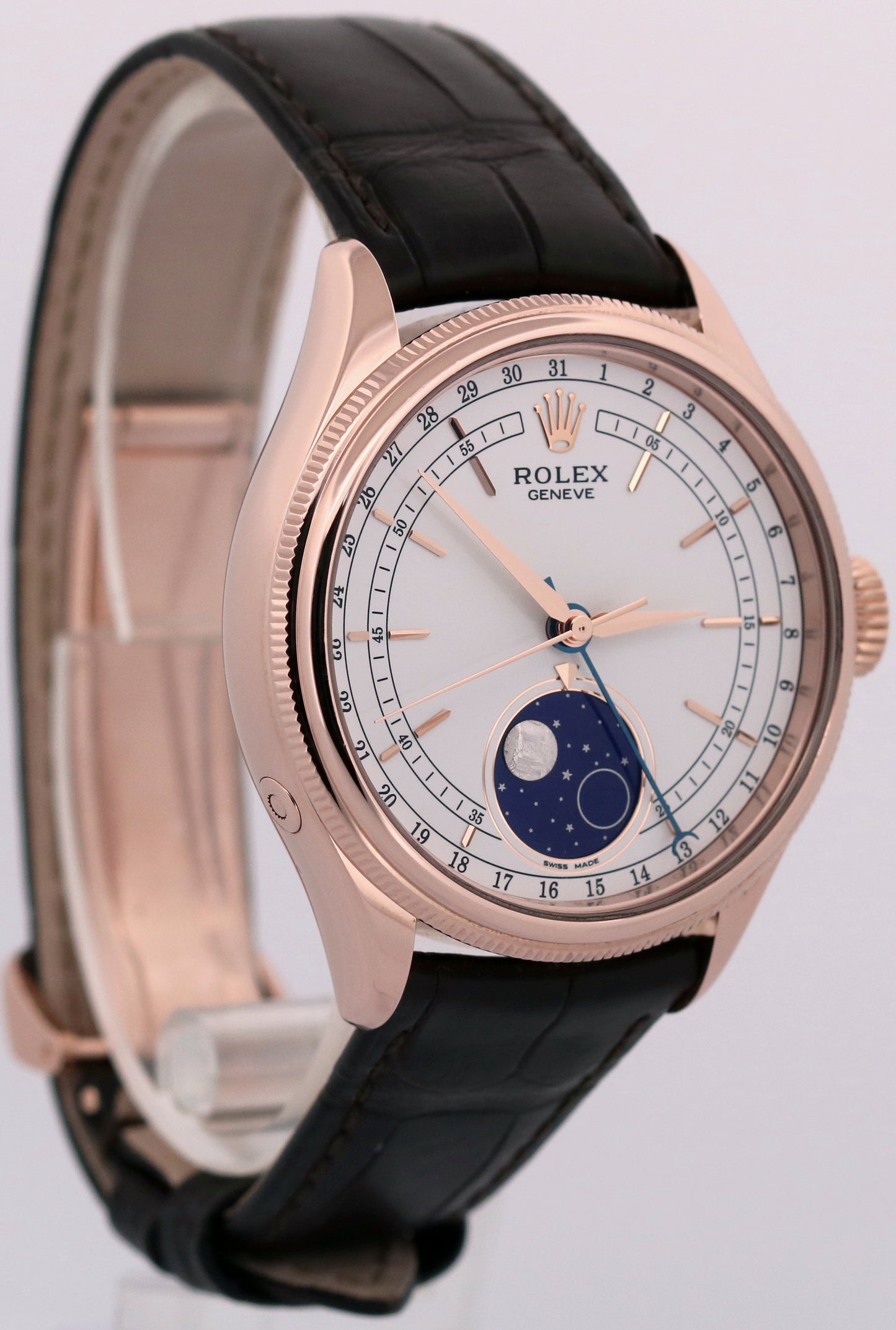 Rolex Cellini Moonphase WHITE 18K Rose Gold LEATHER Automatic Everose 39mm 50535