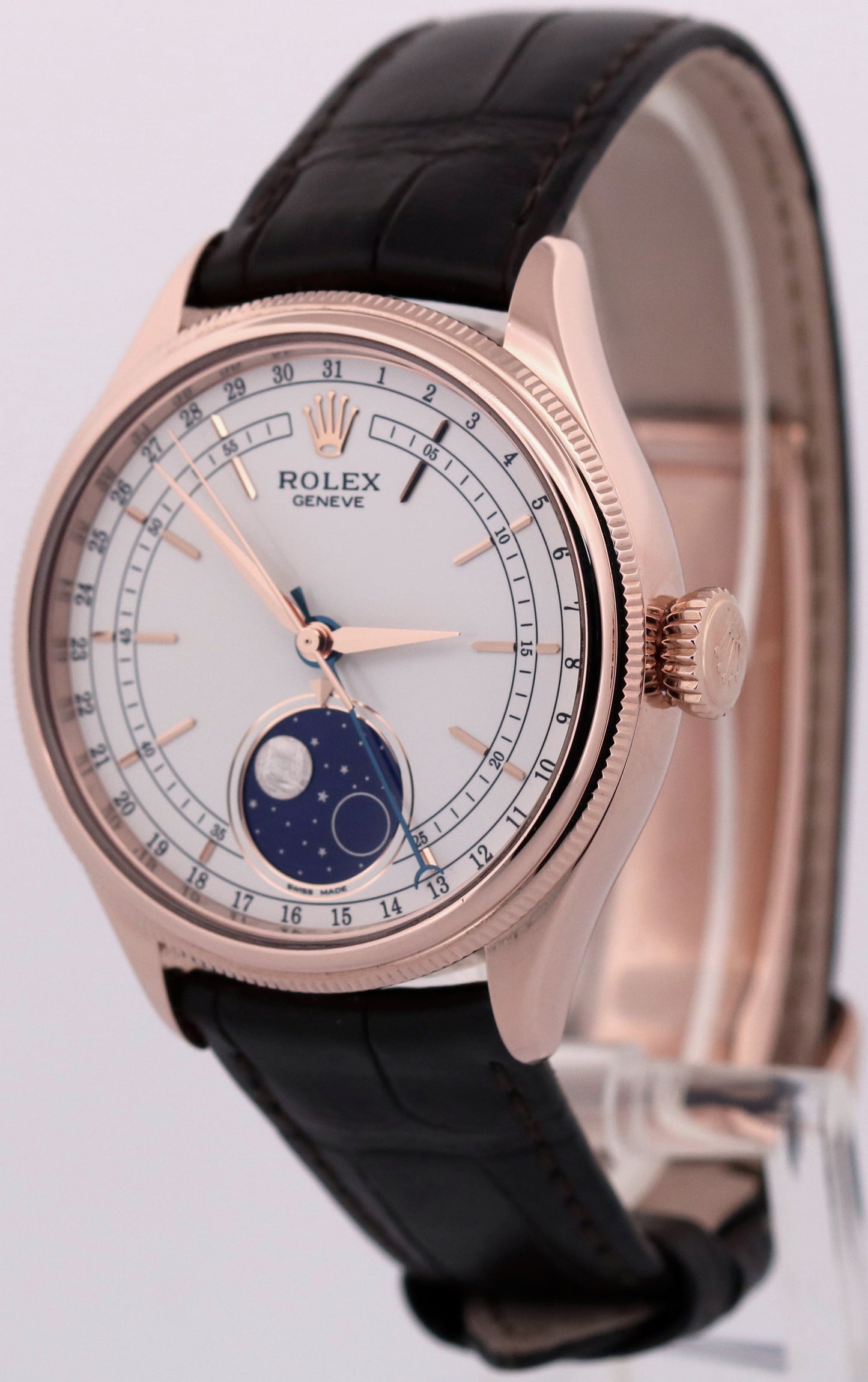 Rolex Cellini Moonphase WHITE 18K Rose Gold LEATHER Automatic Everose 39mm 50535