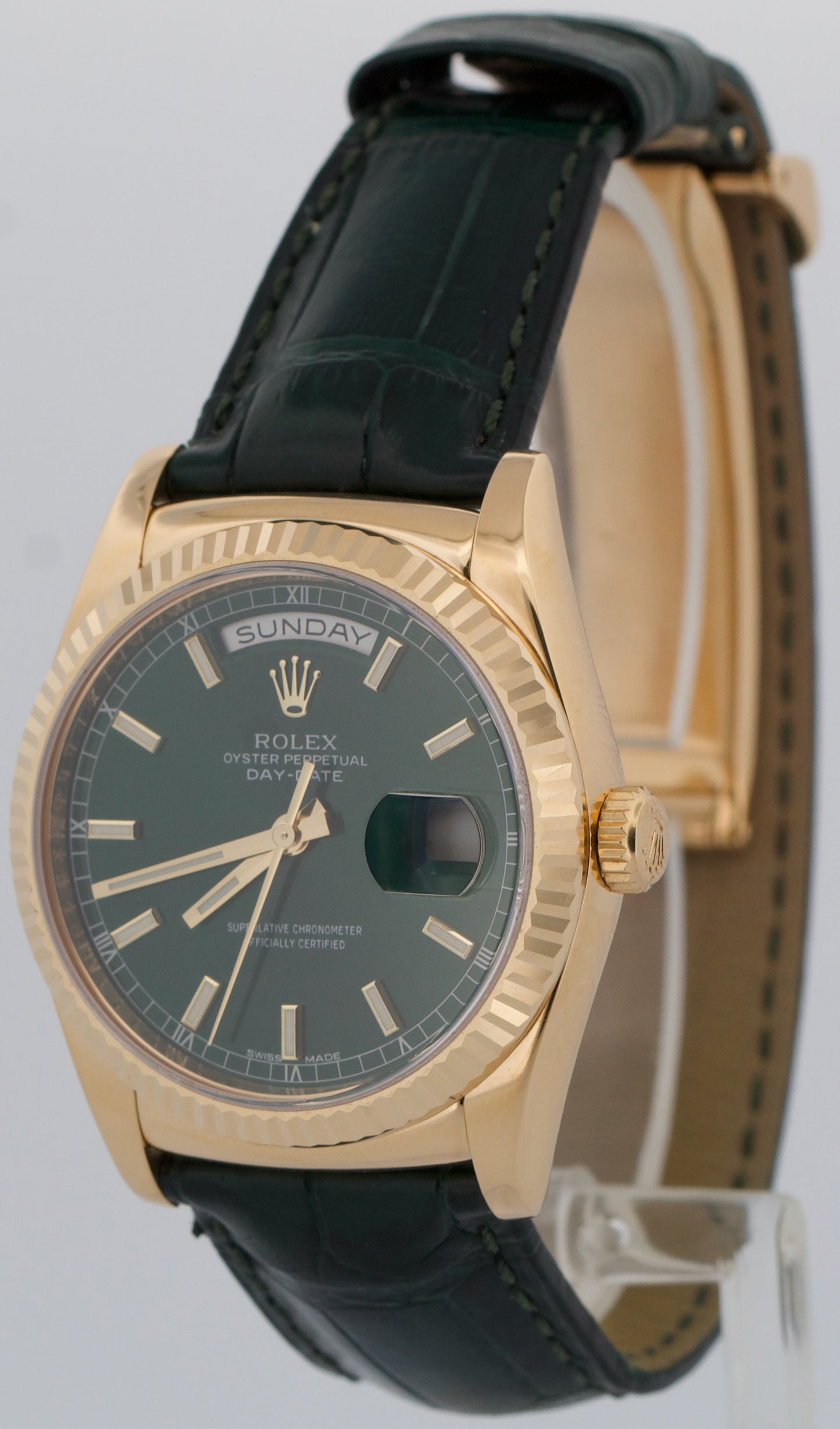 Rolex Day-Date 36 GREEN 18K Yellow Gold FLUTED Leather 36mm 118138 Watch
