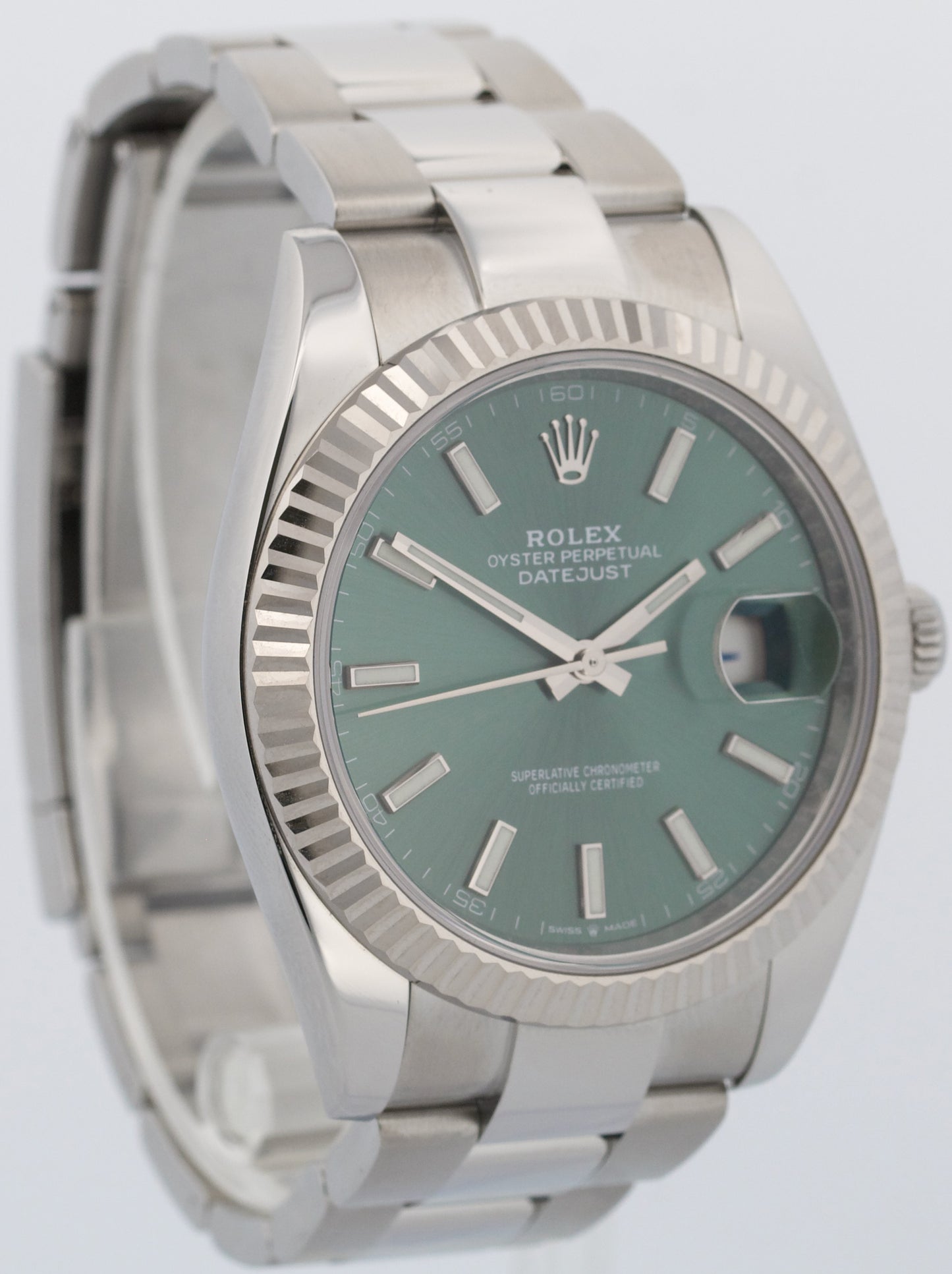 2024 PAPERS Rolex DateJust 41mm MINT GREEN 18K Steel Fluted OYSTER 126334 BOX