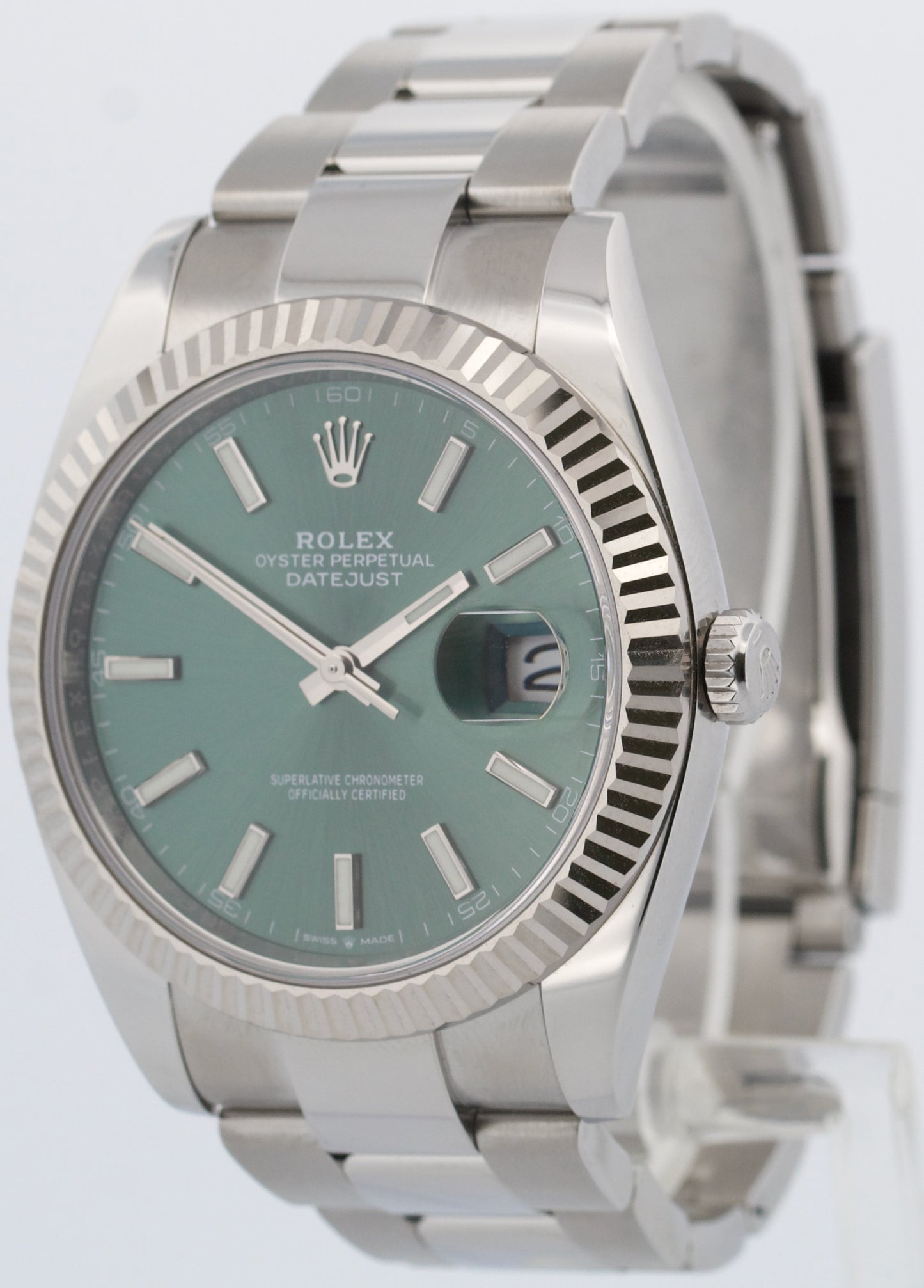 2024 PAPERS Rolex DateJust 41mm MINT GREEN 18K Steel Fluted OYSTER 126334 BOX