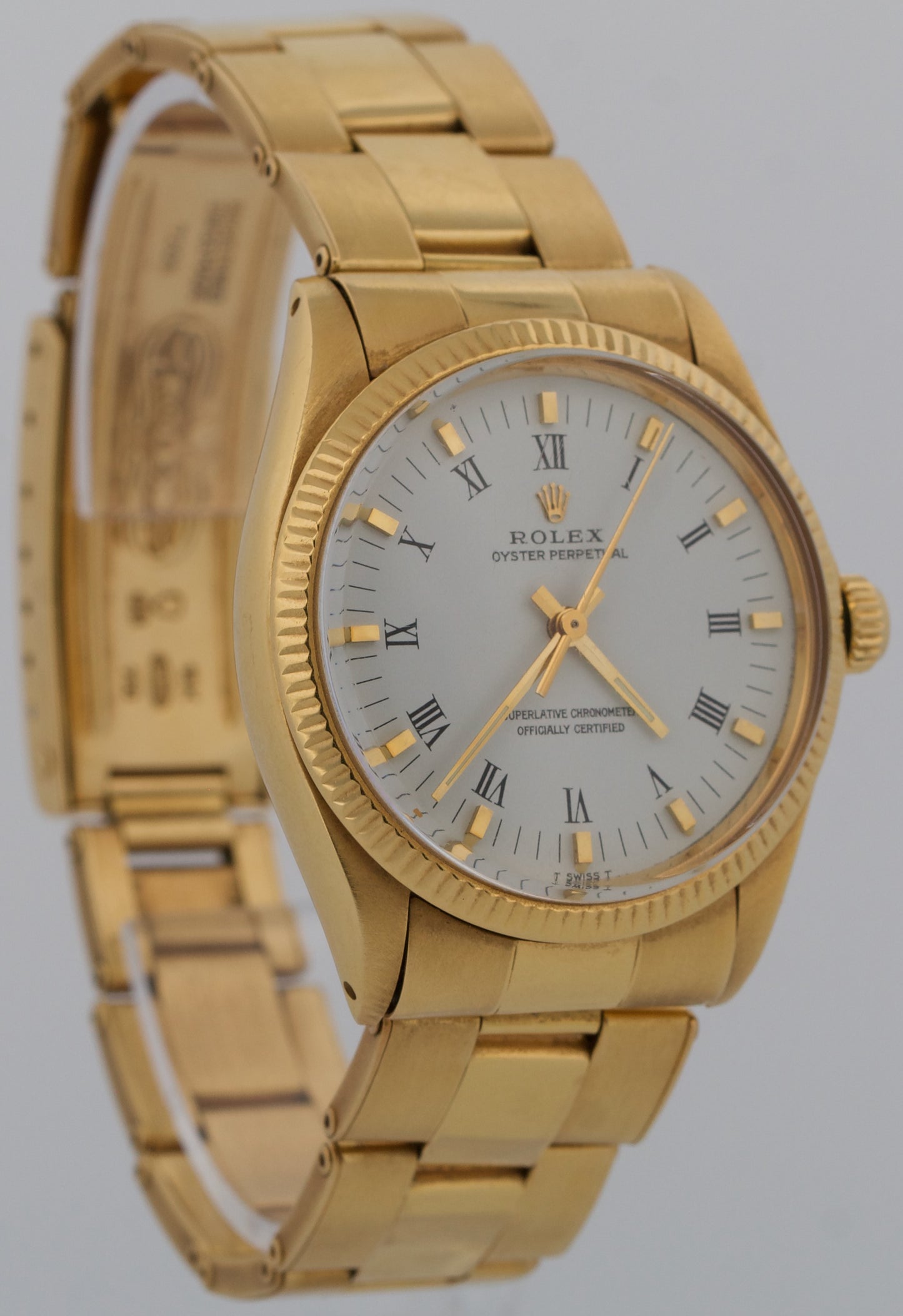 1981 Rolex Oyster Perpetual 34mm WHITE 18K Yellow Gold Fluted Oyster Watch 1005