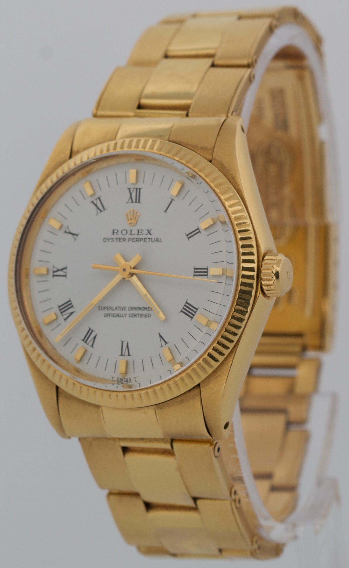 1981 Rolex Oyster Perpetual 34mm WHITE 18K Yellow Gold Fluted Oyster Watch 1005