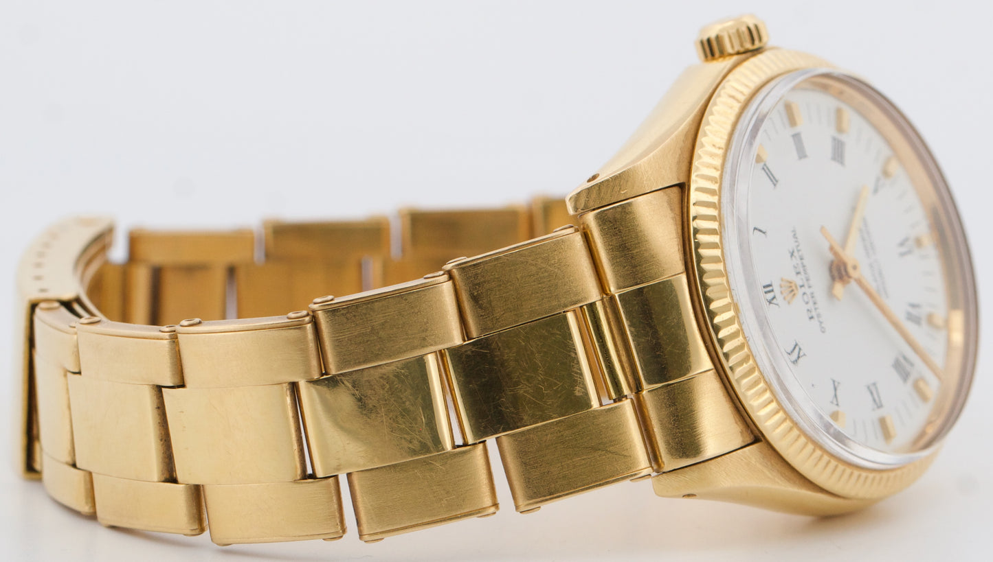 1981 Rolex Oyster Perpetual 34mm WHITE 18K Yellow Gold Fluted Oyster Watch 1005