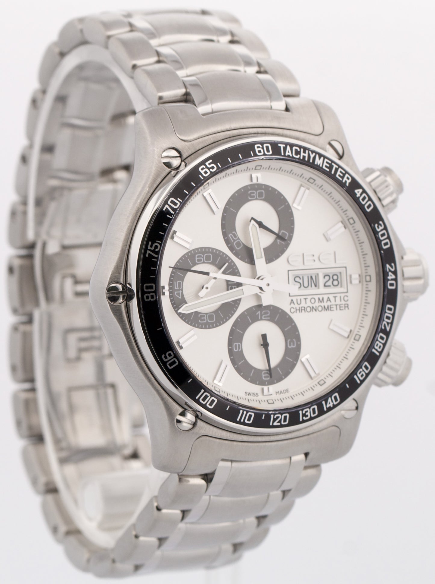 Ebel 1911 Discovery WHITE Chronograph Day Date Stainless Steel 43mm E9750L62
