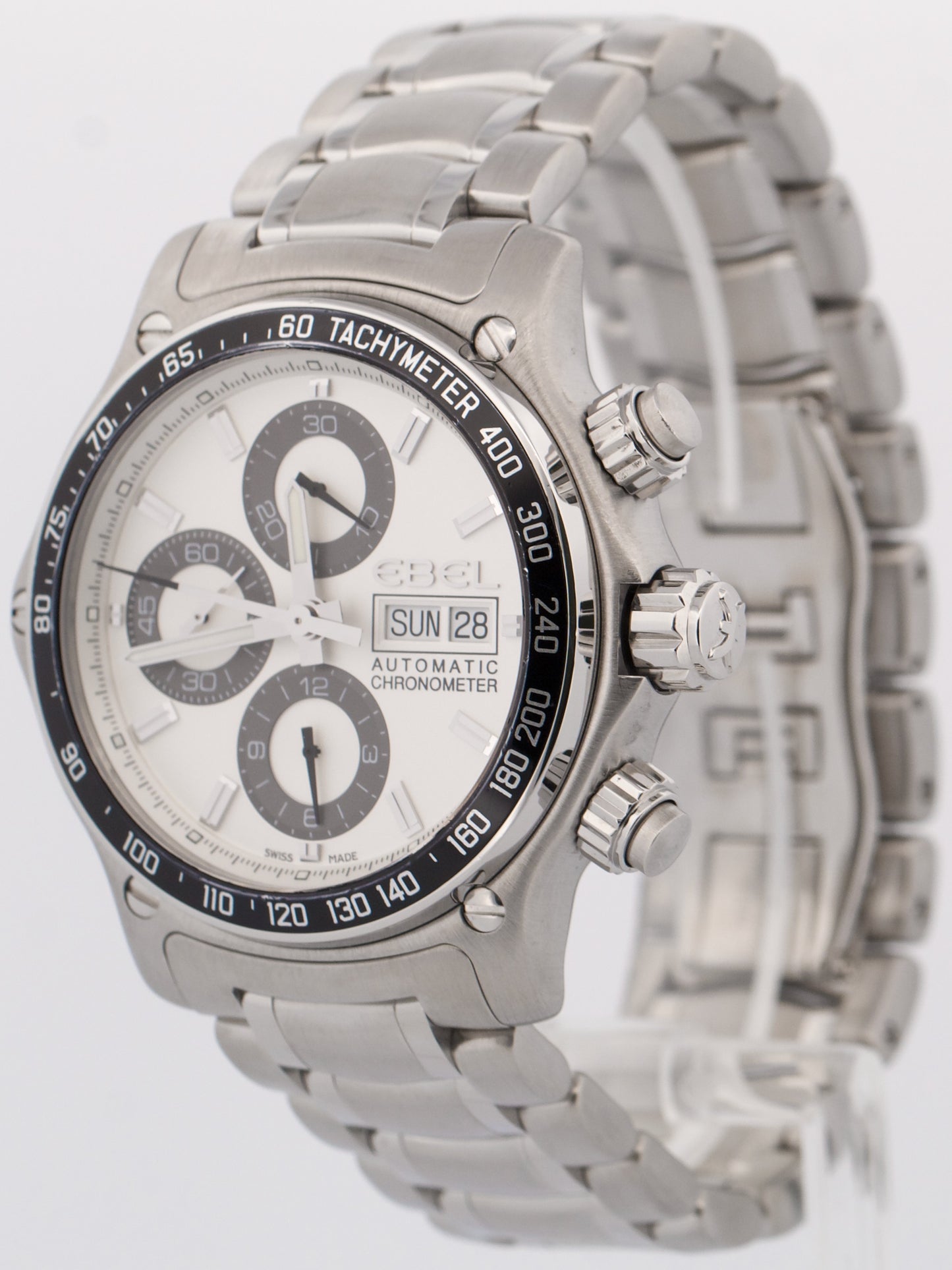 Ebel 1911 Discovery WHITE Chronograph Day Date Stainless Steel 43mm E9750L62