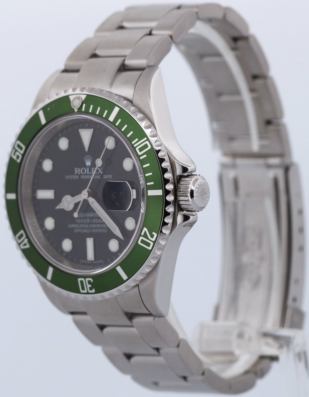 Rolex Submariner 16610 LV Kermit Green No-Holes Rehaut Steel Oyster 40mm Watch