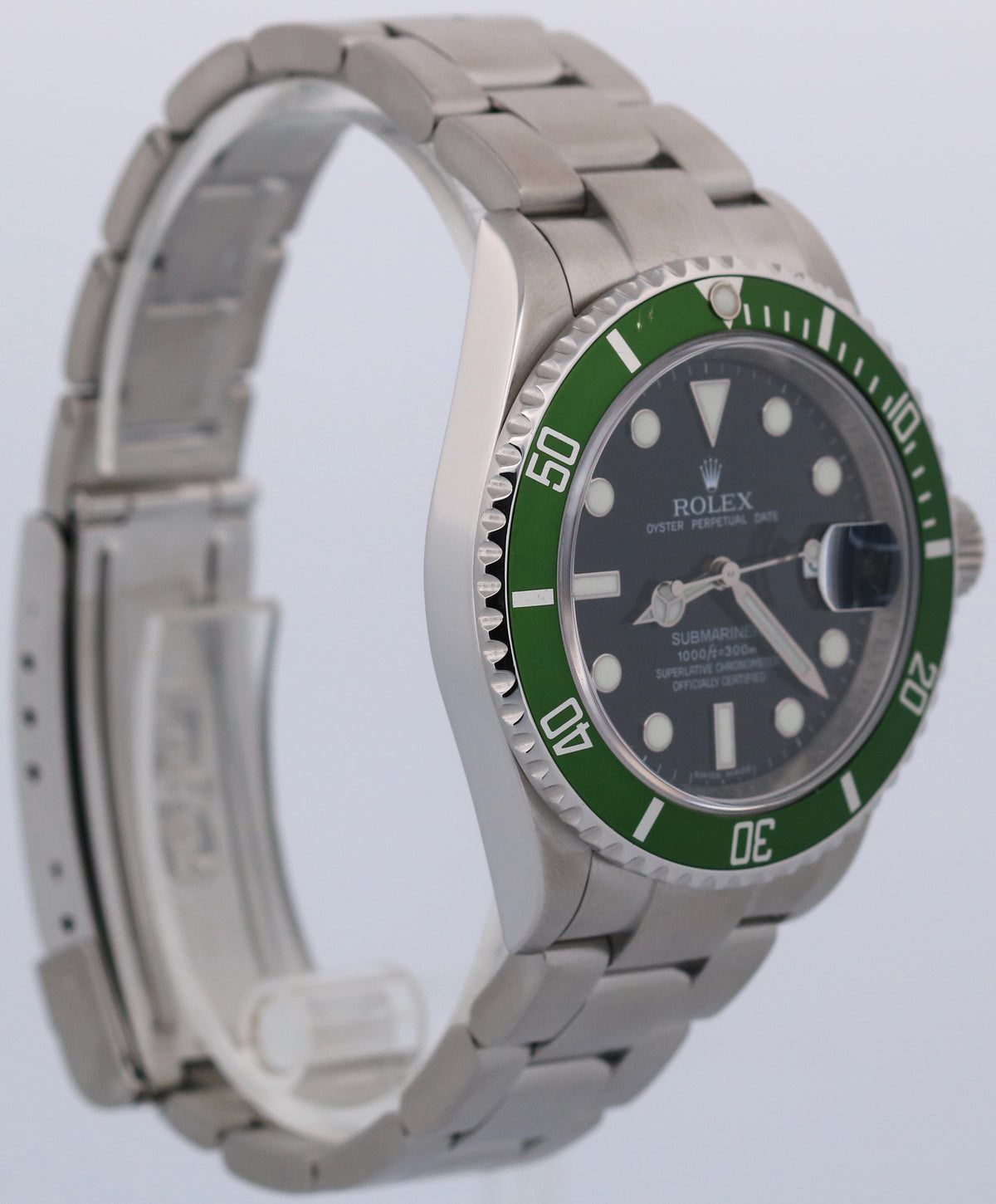 Rolex Submariner 16610 LV Kermit Green No-Holes Rehaut Steel Oyster 40mm Watch