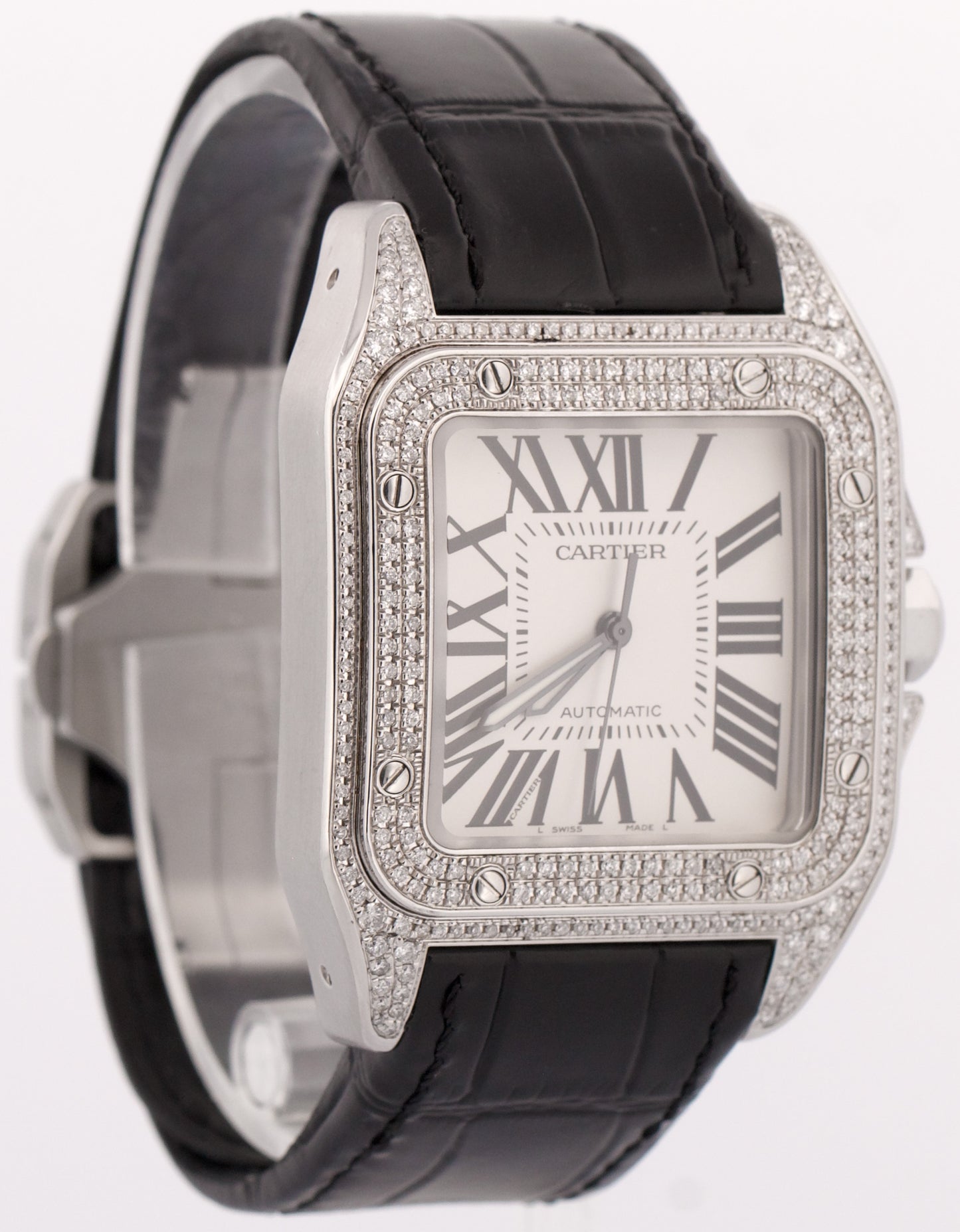 Cartier Santos 100 XL PAVE DIAMOND Stainless Steel Leather 38mm 2656 W20073X8