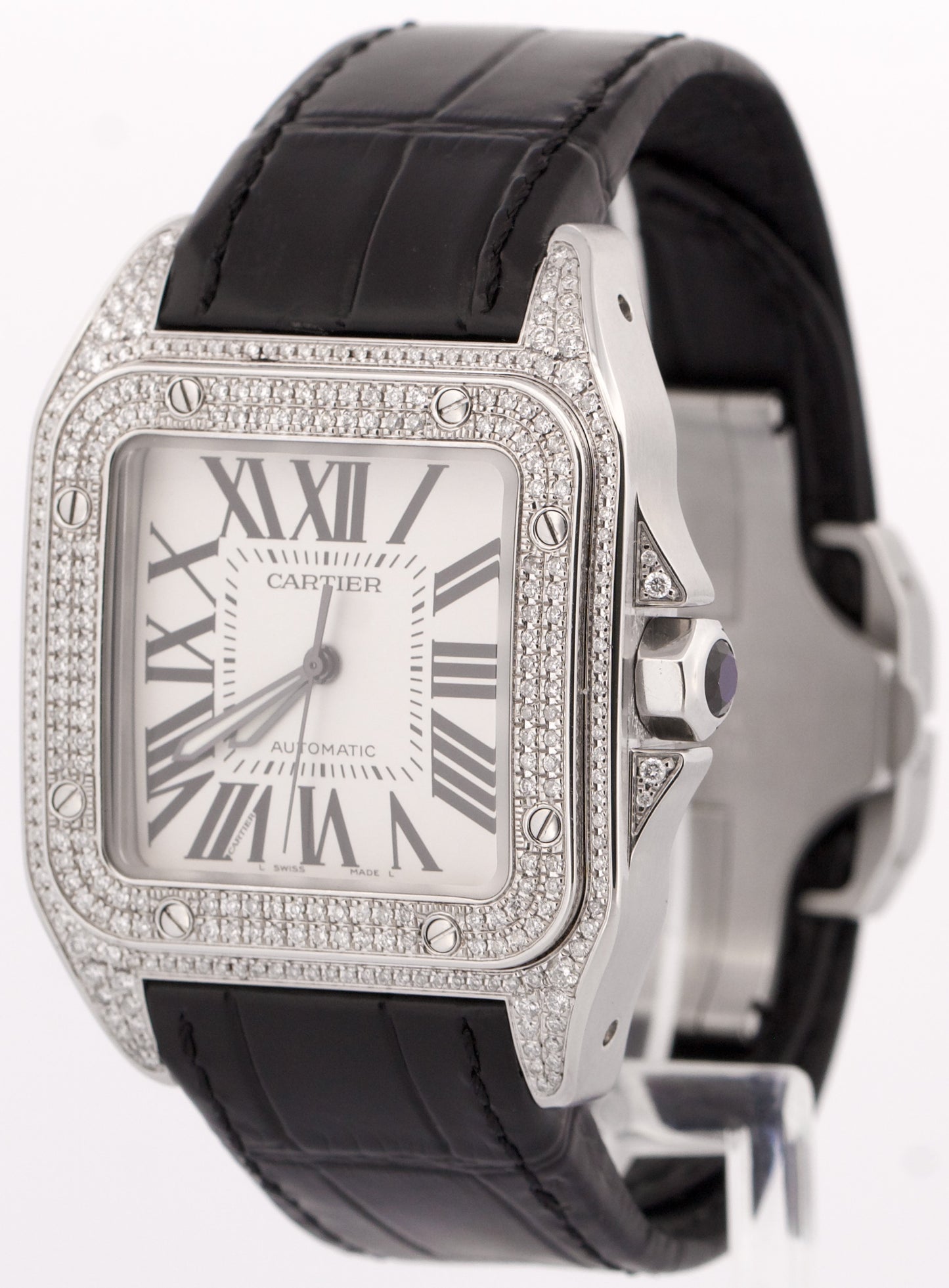 Cartier Santos 100 XL PAVE DIAMOND Stainless Steel Leather 38mm 2656 W20073X8