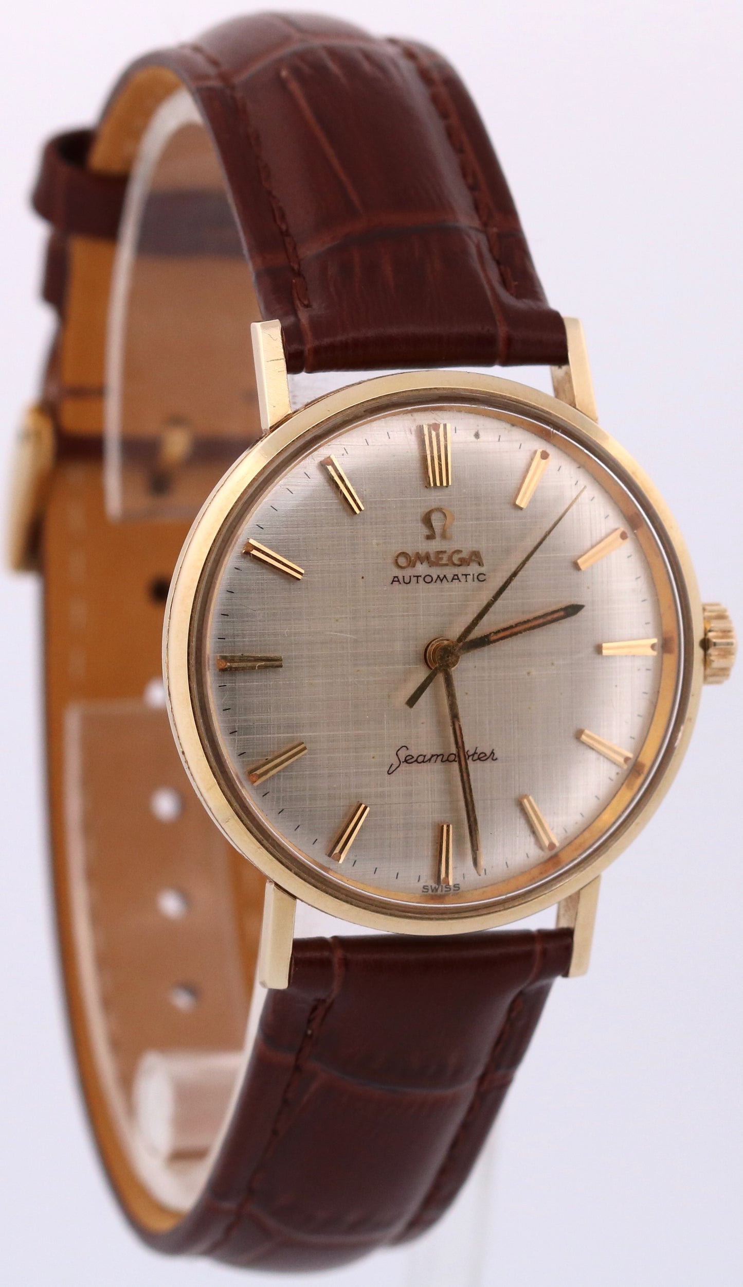 VINTAGE Omega Seamaster SILVER 14K Yellow Gold Leather AUTOMATIC 35mm Watch