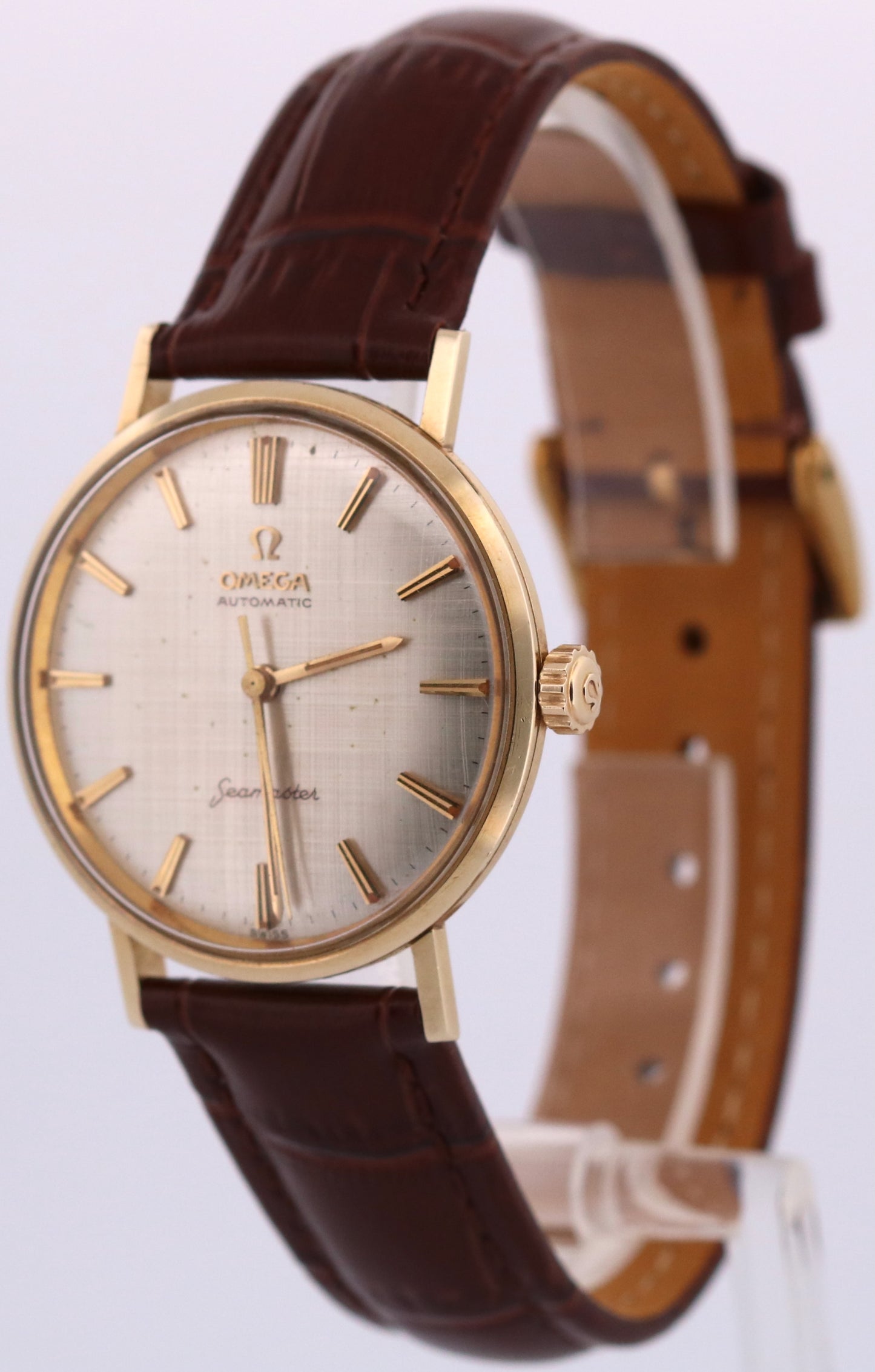 VINTAGE Omega Seamaster SILVER 14K Yellow Gold Leather AUTOMATIC 35mm Watch