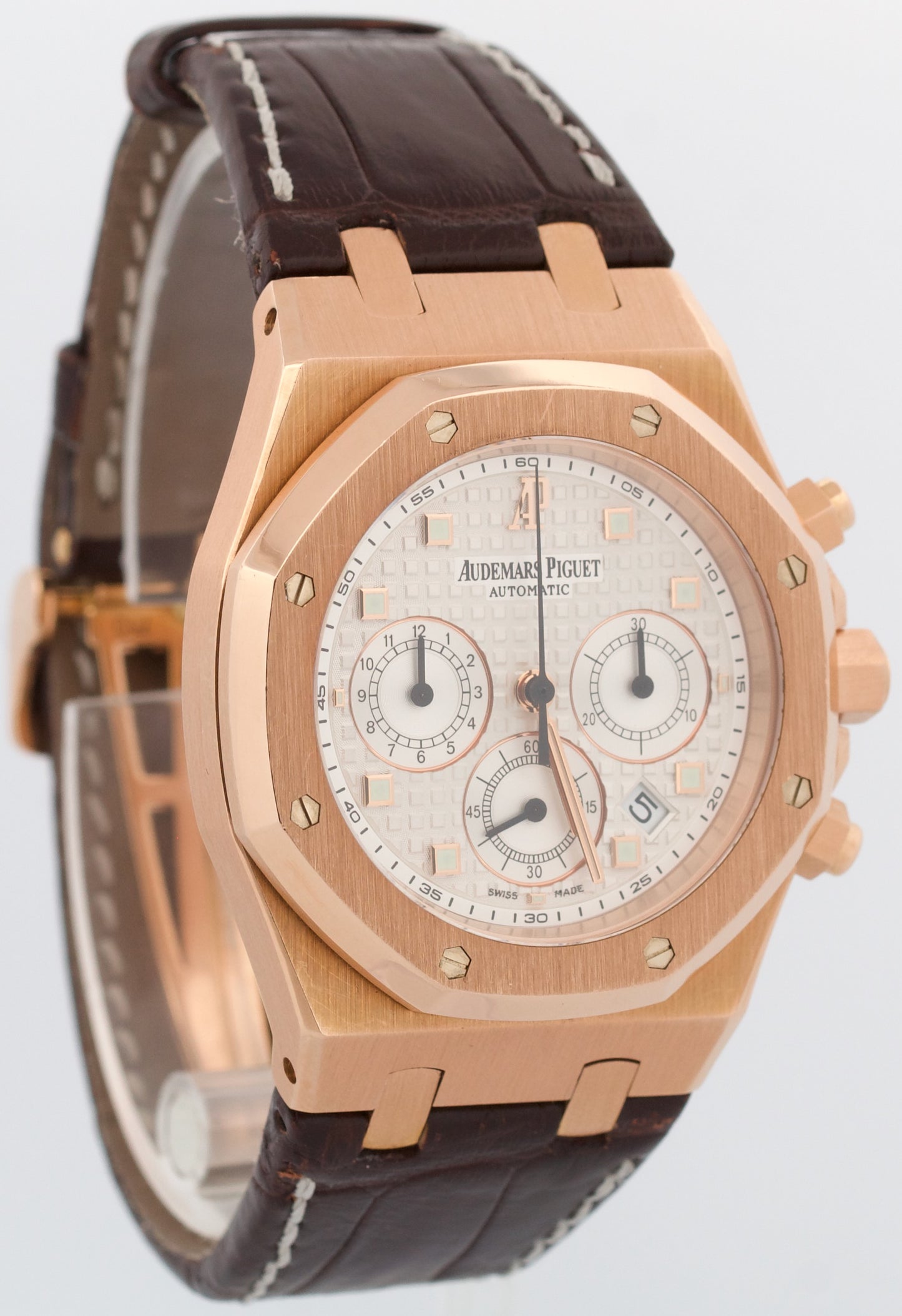 Audemars Piguet Royal Oak Chronograph WHITE 18k Rose Gold Leather 39mm 26022OR