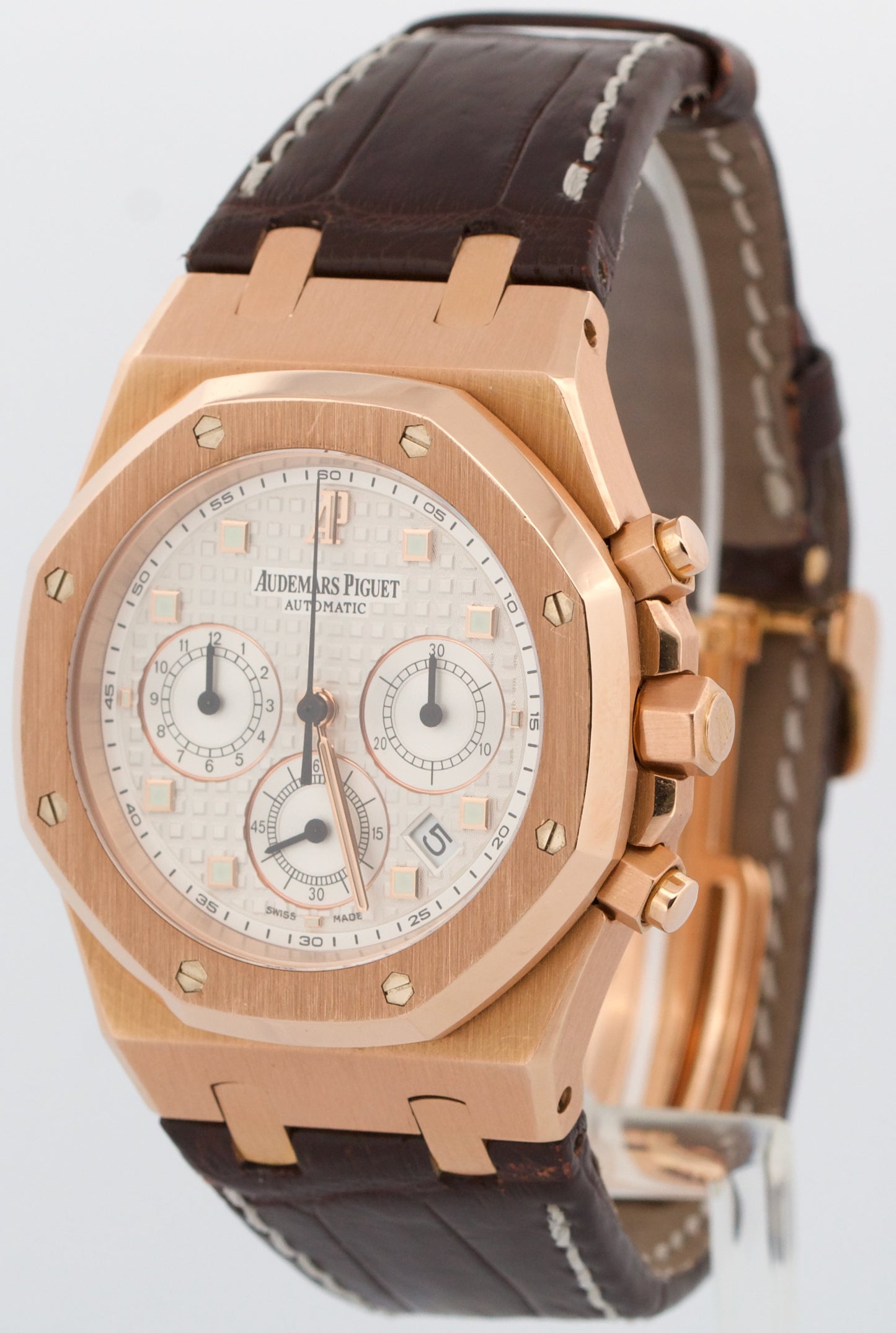 Audemars Piguet Royal Oak Chronograph WHITE 18k Rose Gold Leather 39mm 26022OR