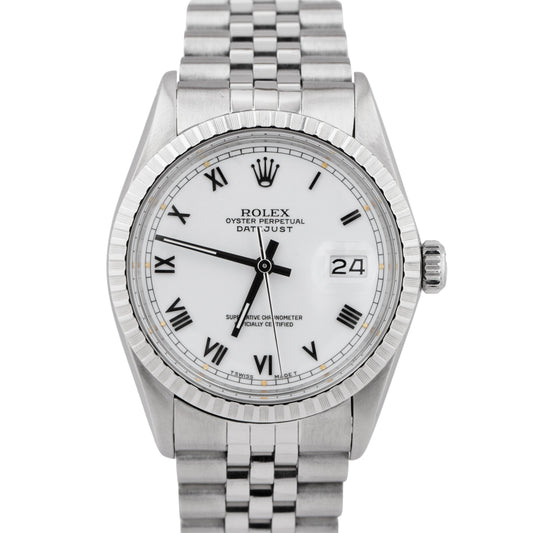 1986 Rolex DateJust 36mm White Roman Jubilee Stainless Automatic Watch 16030