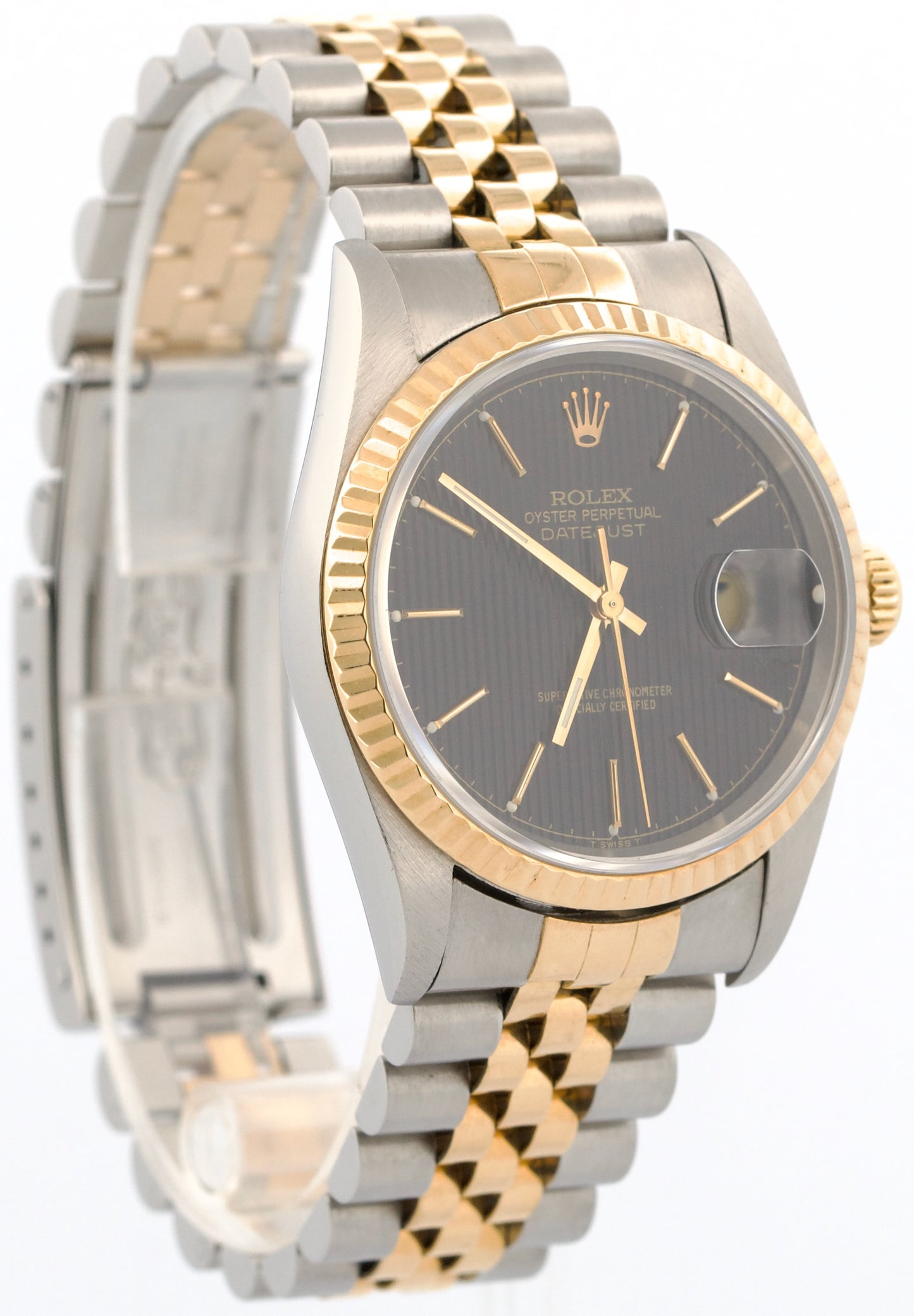 Rolex DateJust 36mm BLACK TAPESTRY 18K Yellow Gold Steel JUBILEE 16233 Watch