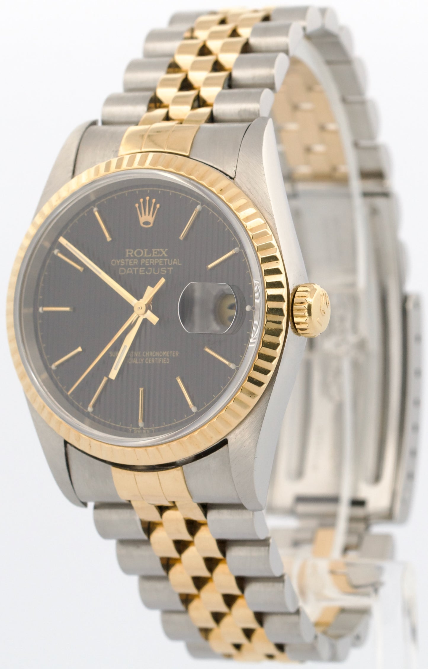 Rolex DateJust 36mm BLACK TAPESTRY 18K Yellow Gold Steel JUBILEE 16233 Watch
