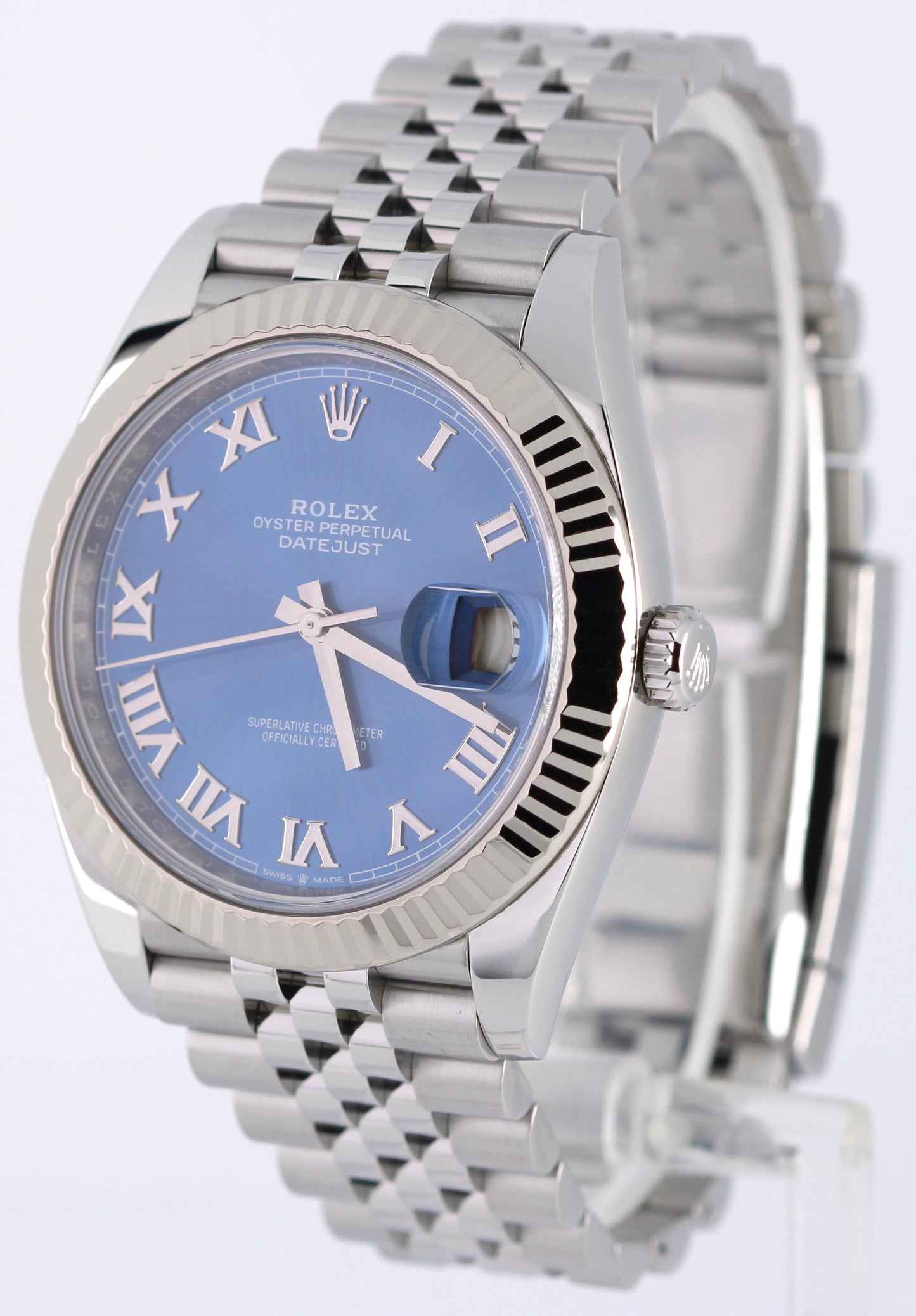 Rolex DateJust 41 Azzurro Blue Roman 41mm Fluted Steel Jubilee 126334 Watch
