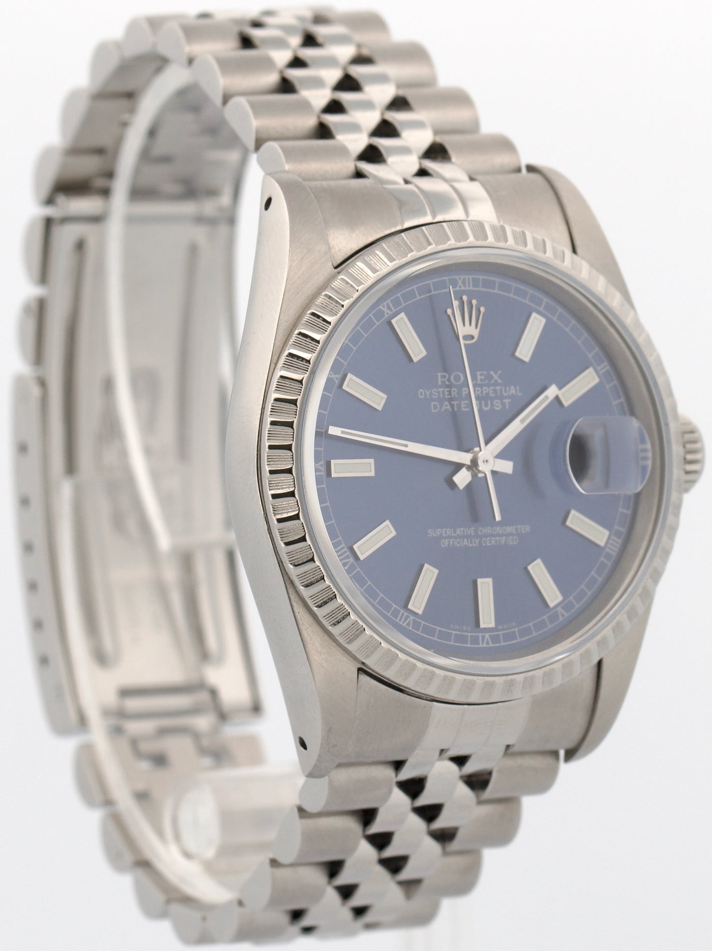 1990 PAPERS Rolex DateJust BLUE 36mm Stainless Engine-Turned JUBILEE 16220 BOX