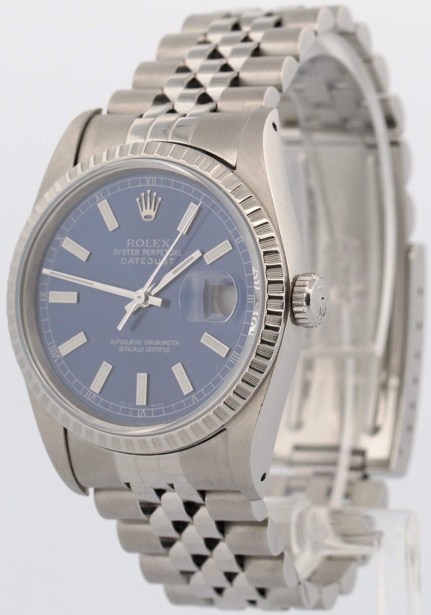 1990 PAPERS Rolex DateJust BLUE 36mm Stainless Engine-Turned JUBILEE 16220 BOX