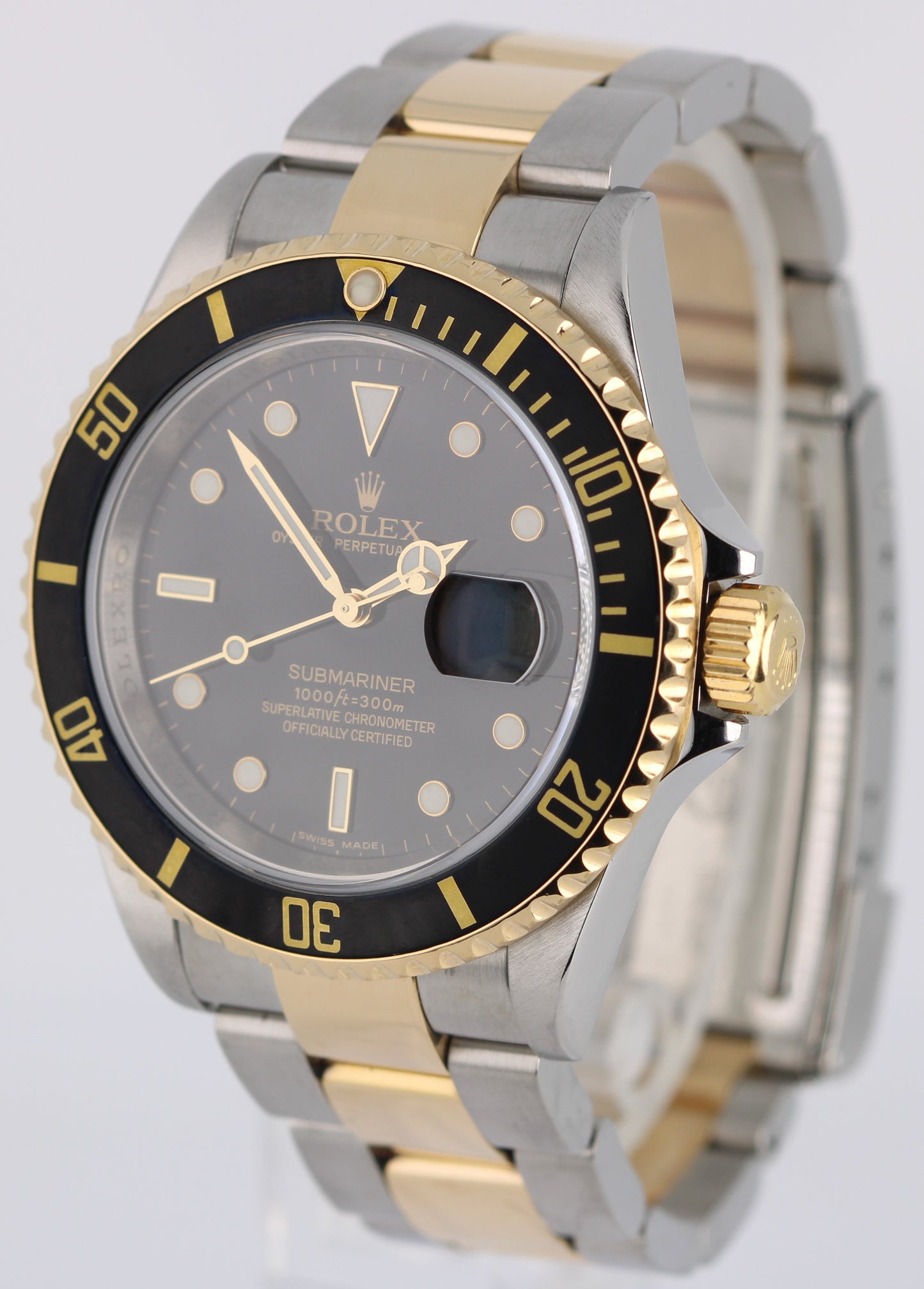 Rolex Submariner NO-HOLES REHAUT Two-Tone 18k Gold Steel Black 40mm 16613 Watch