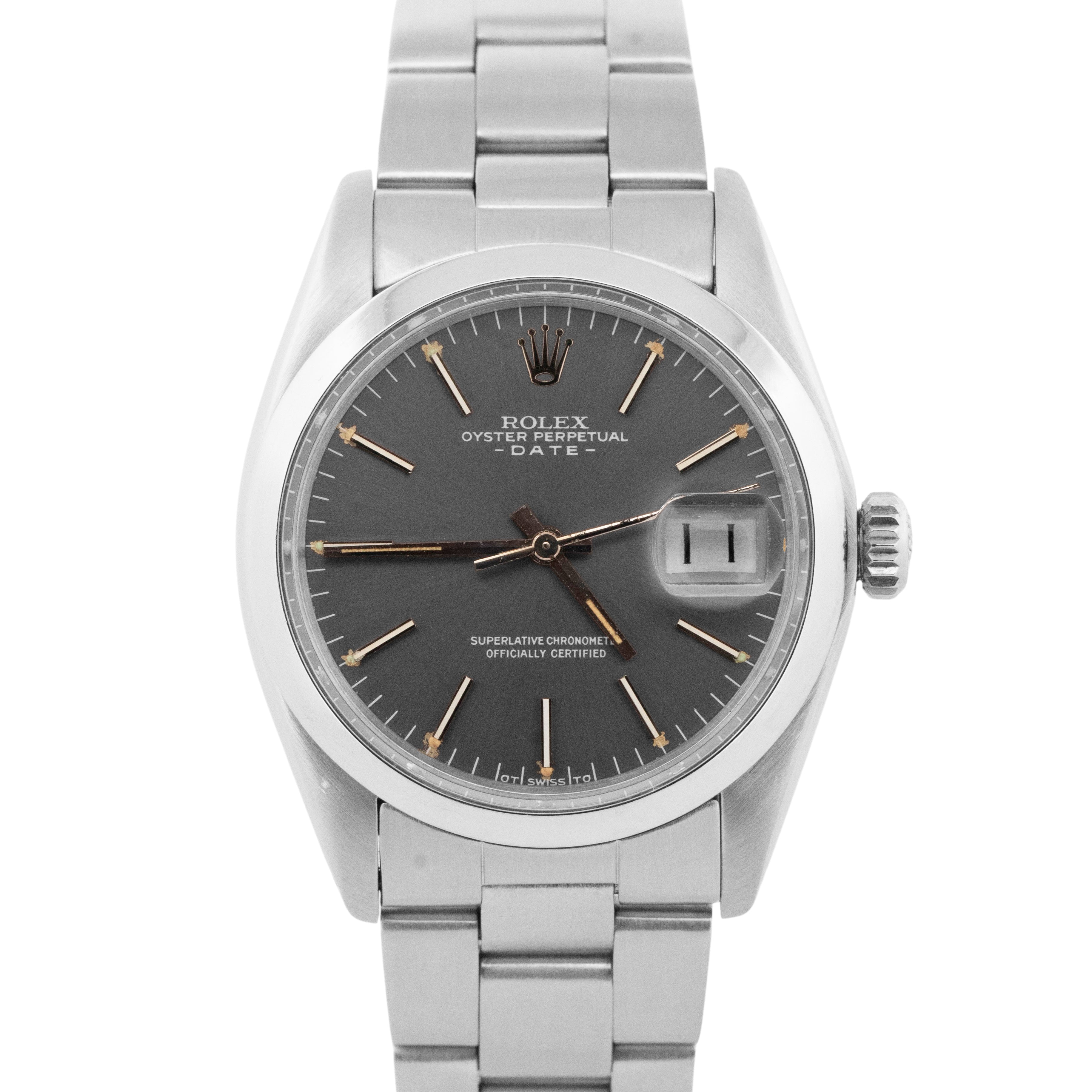 1975 Rolex Oyster Perpetual Date Slate Gray 34mm Stainless Steel Watch 1500