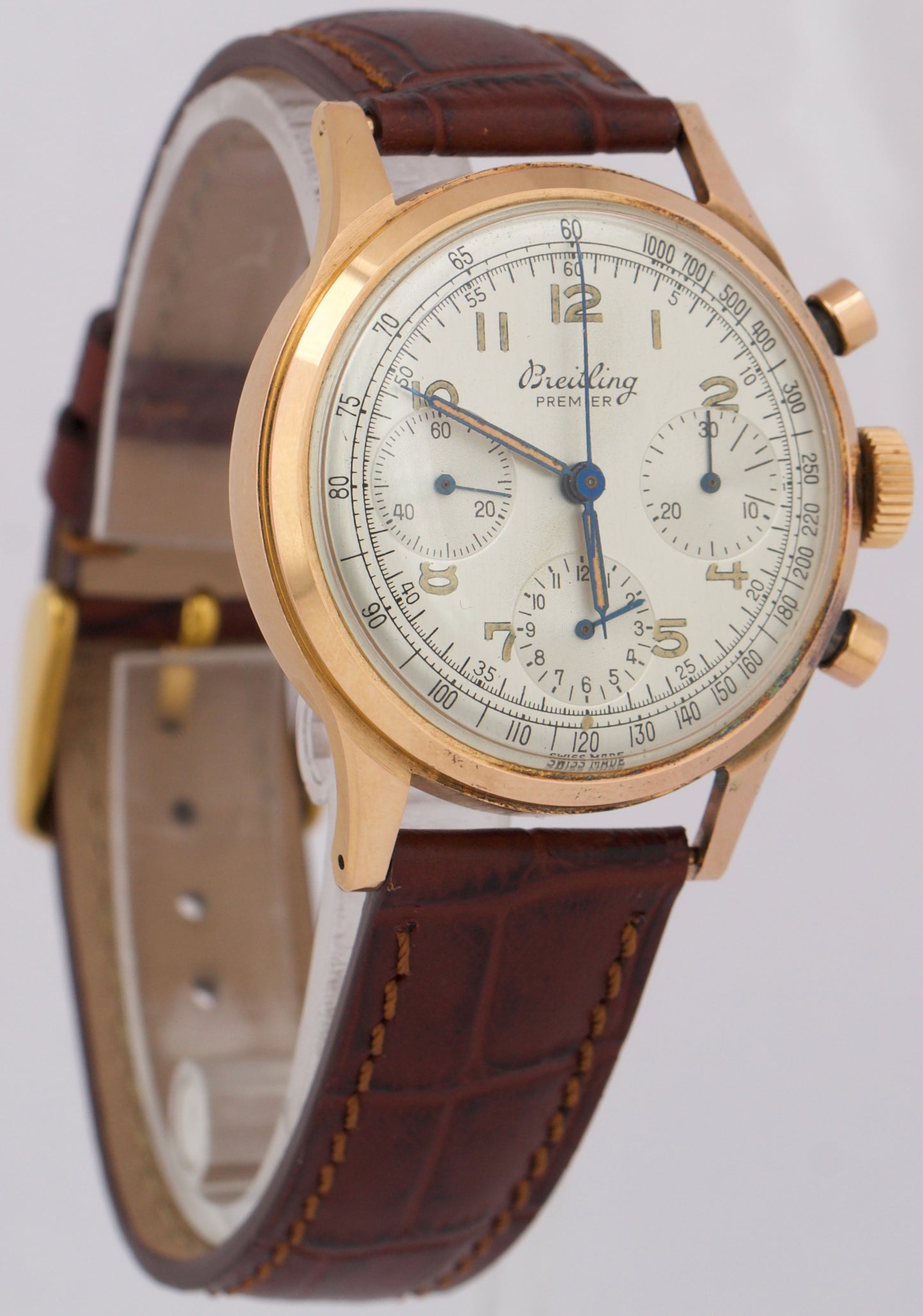 VINTAGE UNPOLISHED Breitling 788 Premier Chronograph 18K Rose Gold Leather 36mm