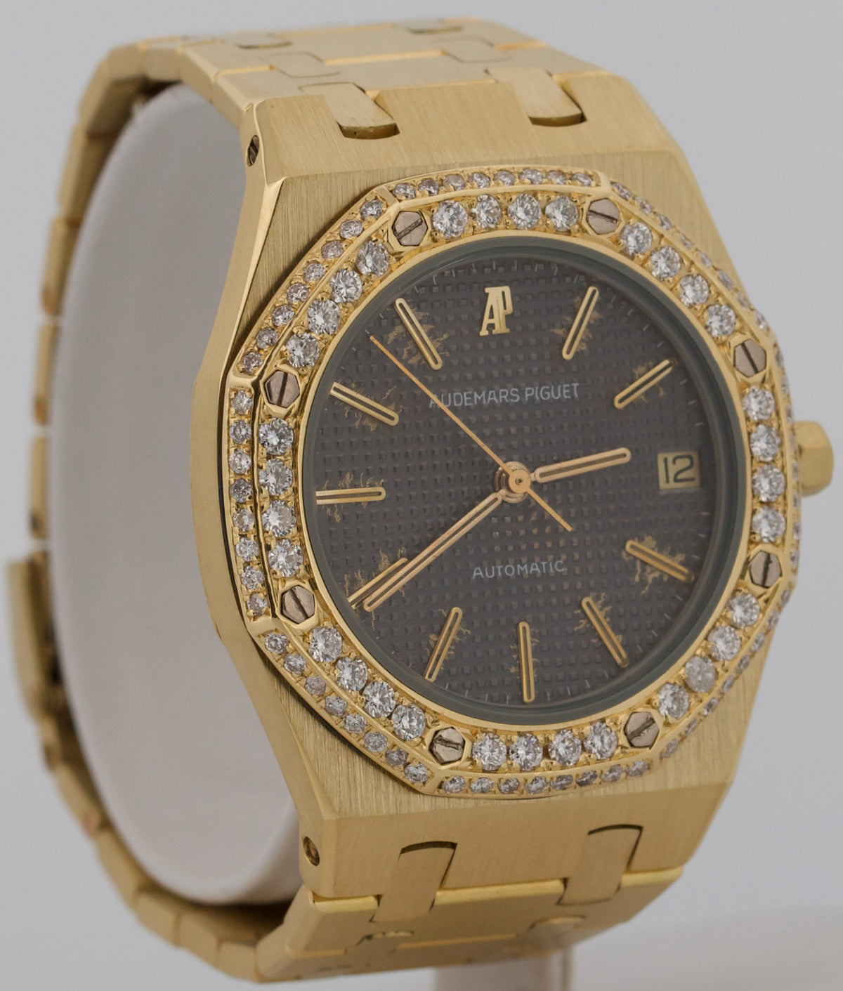 Vintage Audemars Piguet Royal Oak 4100BA Patina Gray Diamond 35mm 18K Gold Watch