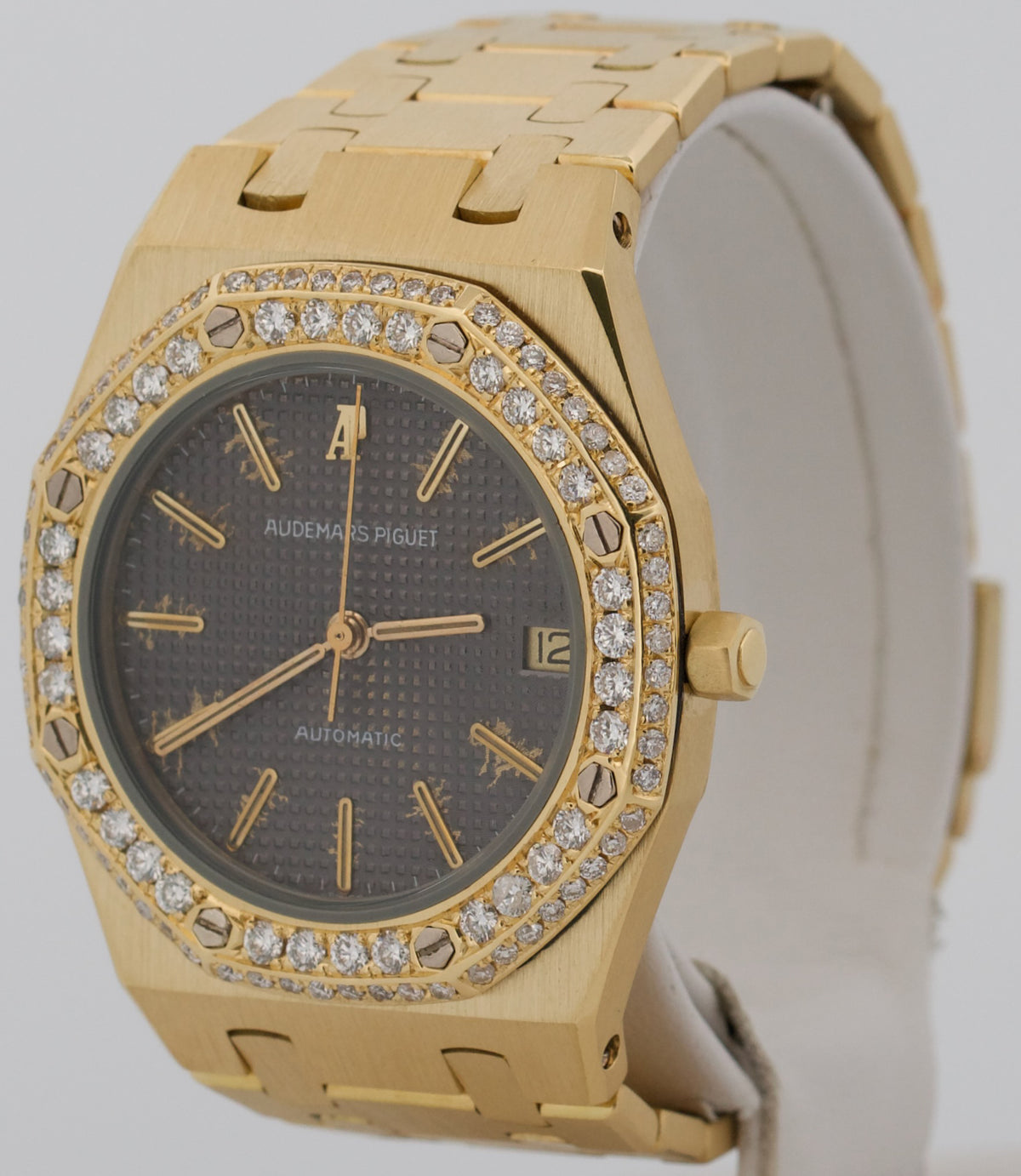 Vintage Audemars Piguet Royal Oak 4100BA Patina Gray Diamond 35mm 18K Gold Watch