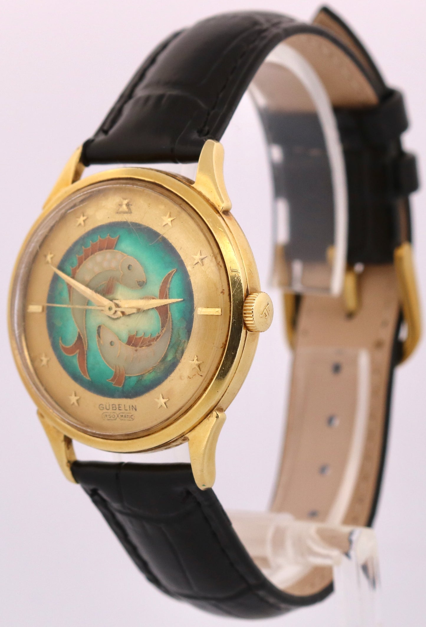 RARE VINTAGE GUBELIN Ipso Matic CLOISONNE ENAMEL FISH 35mm 18K Gold Automatic