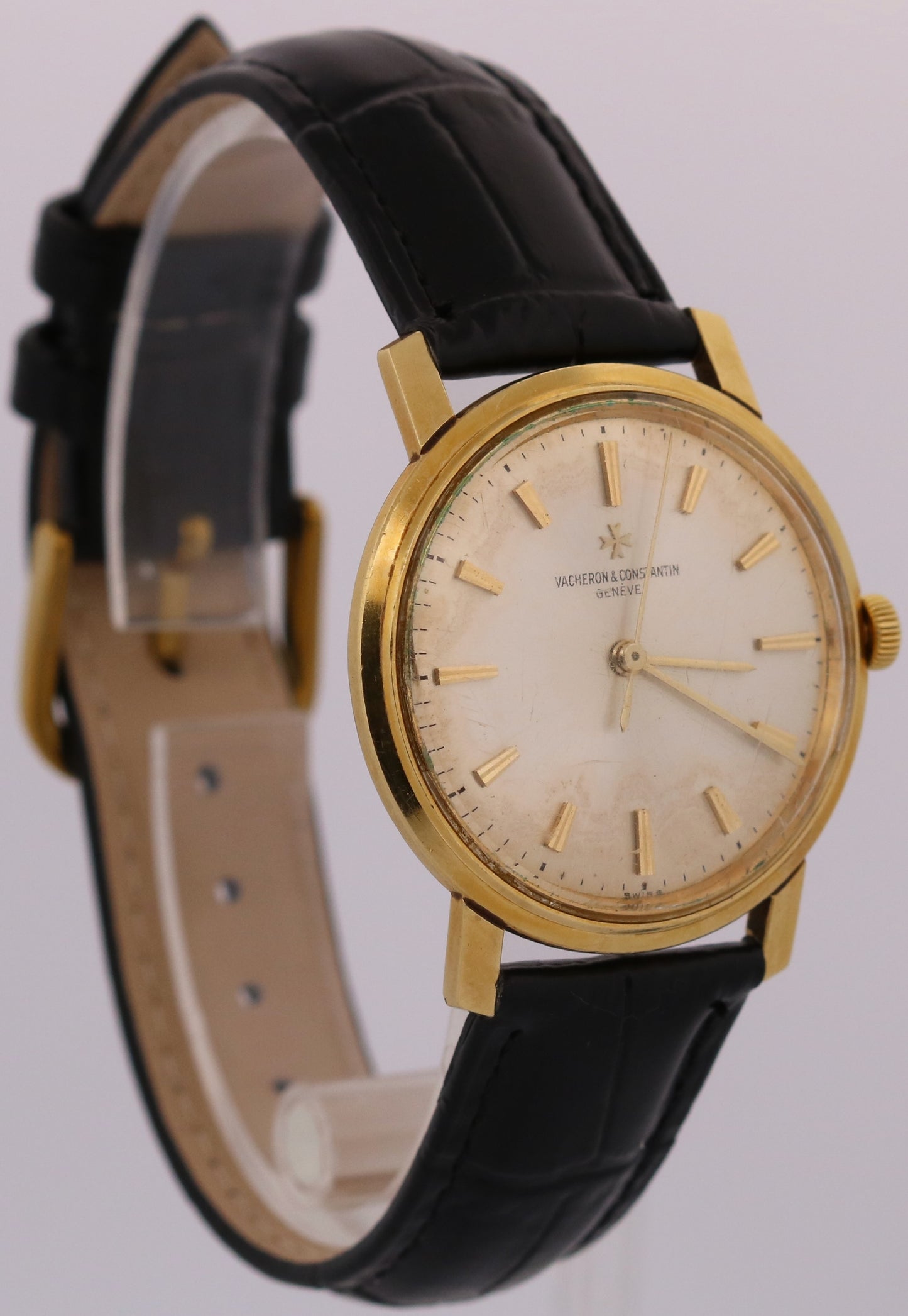 VINTAGE Vacheron Constantin 35mm SILVER 18K Yellow Gold Manual Leather 6515