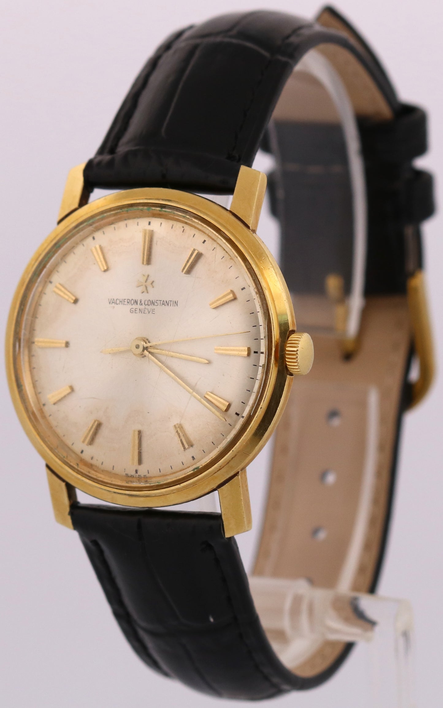 VINTAGE Vacheron Constantin 35mm SILVER 18K Yellow Gold Manual Leather 6515