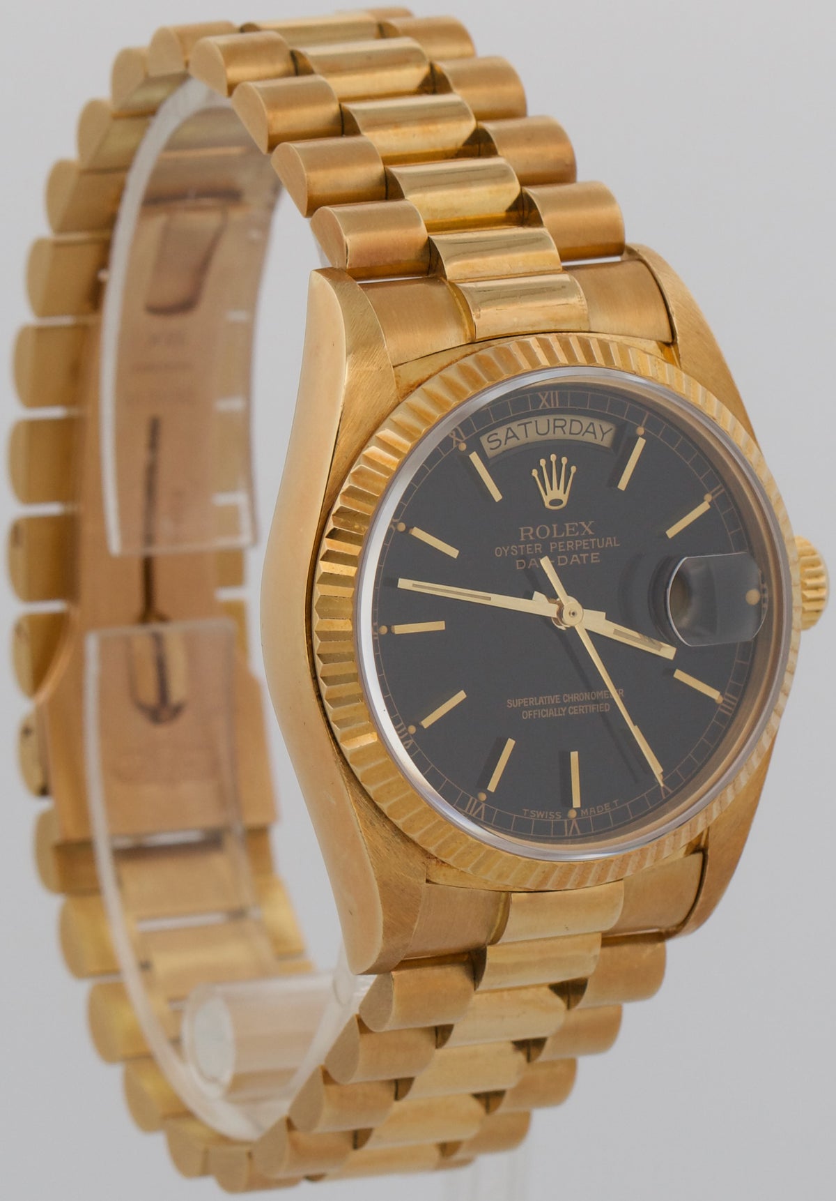 1986 Rolex Day-Date President 18038 Black Fluted 18K Yellow Gold 36mm Watch
