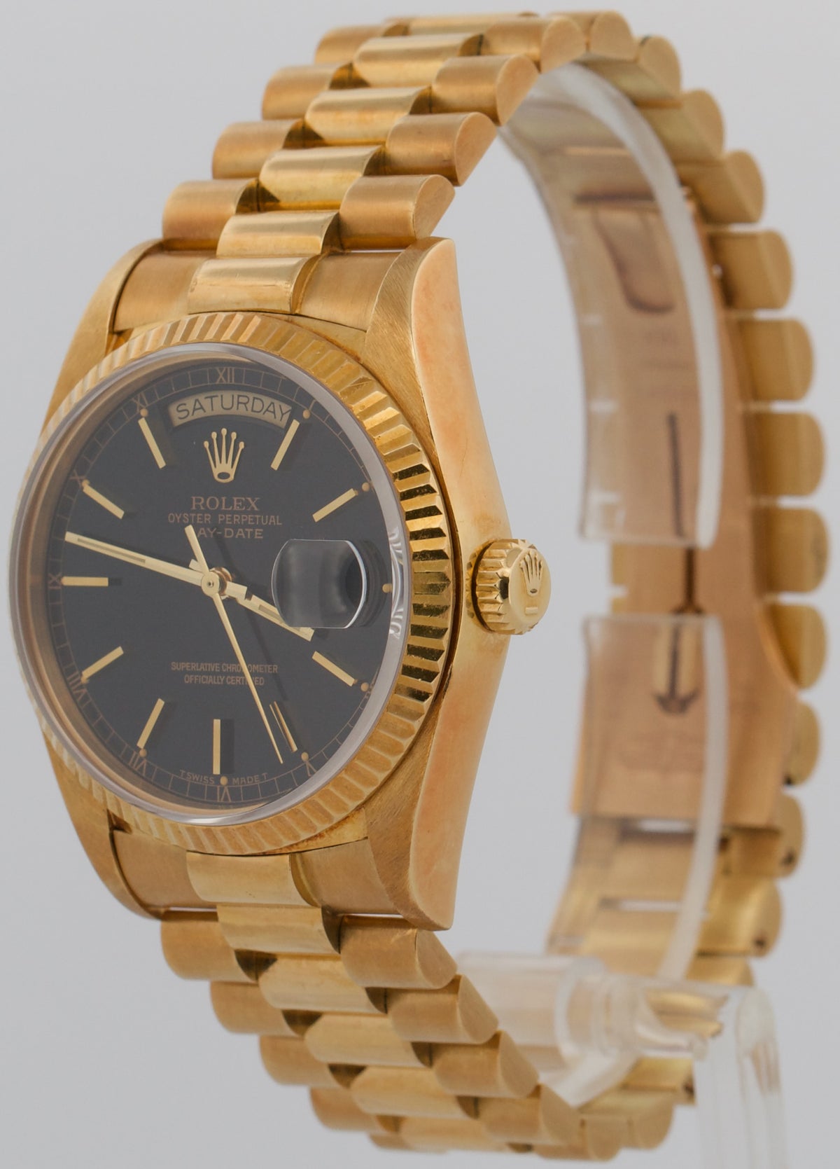 1986 Rolex Day-Date President 18038 Black Fluted 18K Yellow Gold 36mm Watch