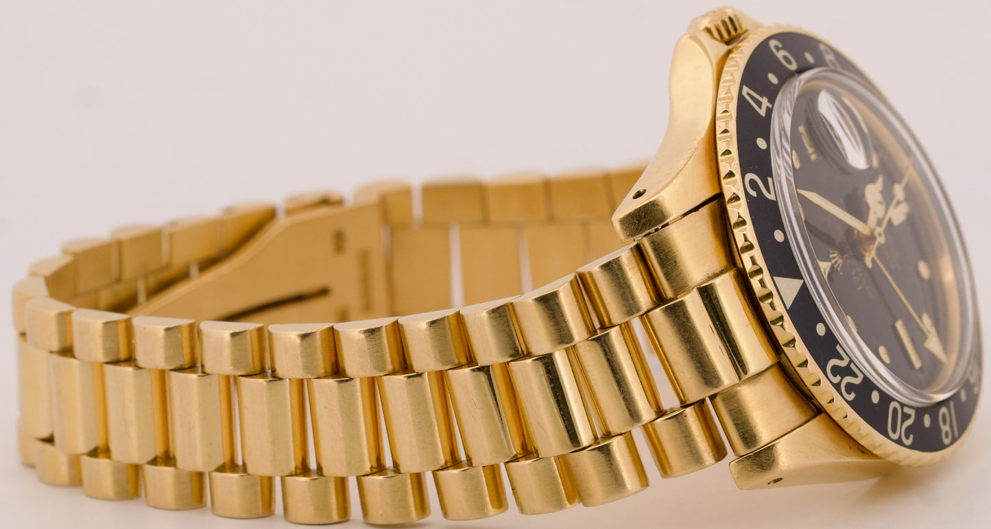 VINTAGE 1978 Rolex GMT-Master BLACK 18K Yellow Gold PRESIDENT 40mm Watch 1675