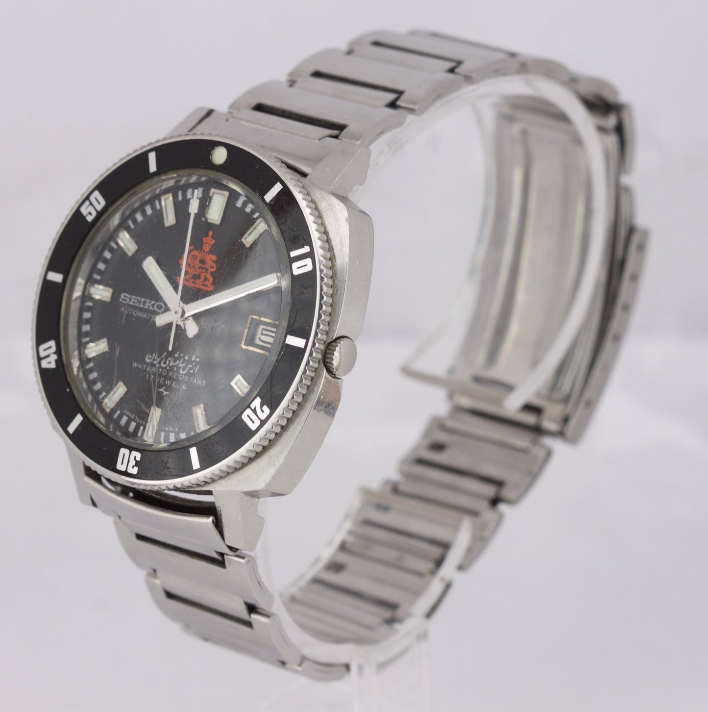RARE Seiko Iranian Royal Army Diver Stainless Steel Black Date Watch 7005-8140