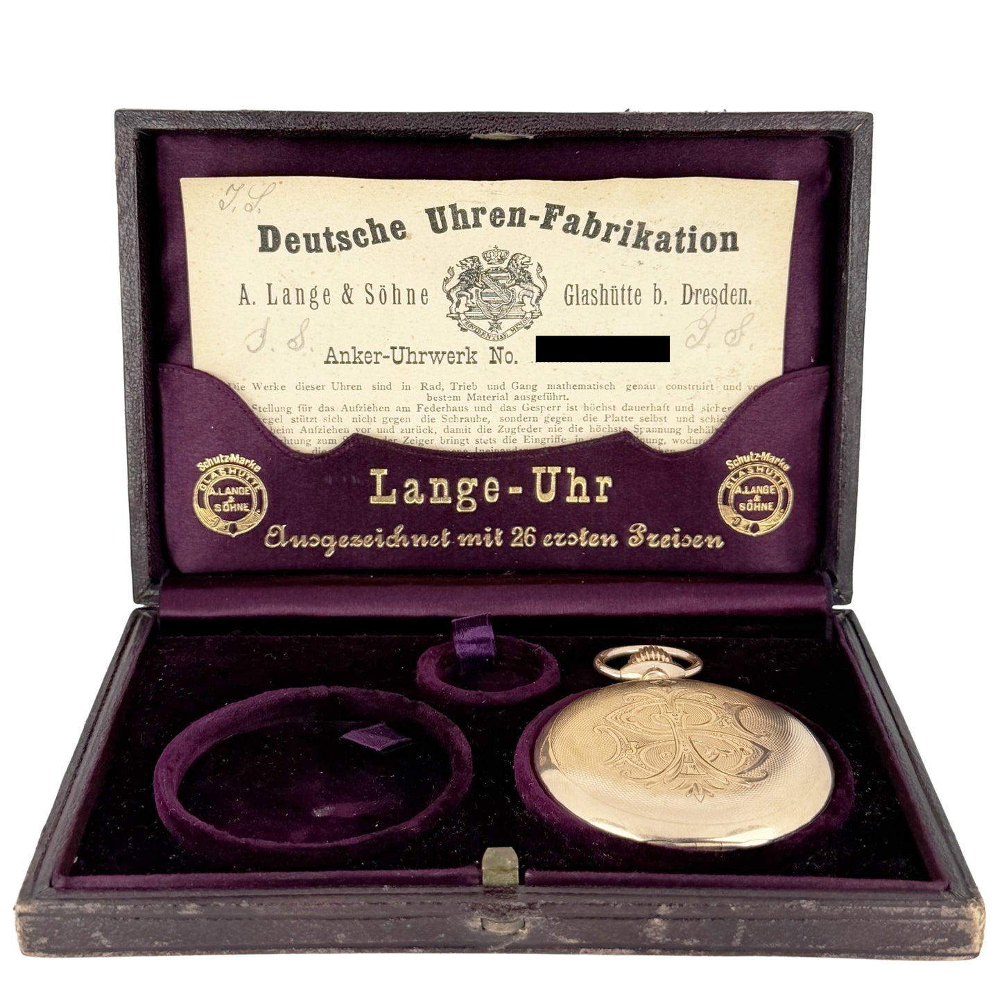 VINTAGE 1905 A. Lange & Sohne Glashutte DUF PAPER 14k Gold 52mm Pocket Watch BOX