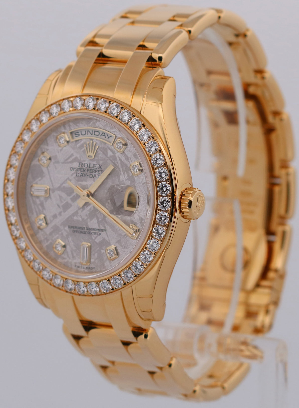 New Stickered Rolex Day-Date Pearlmaster 18948 Meteorite Diamond NOS Box Papers