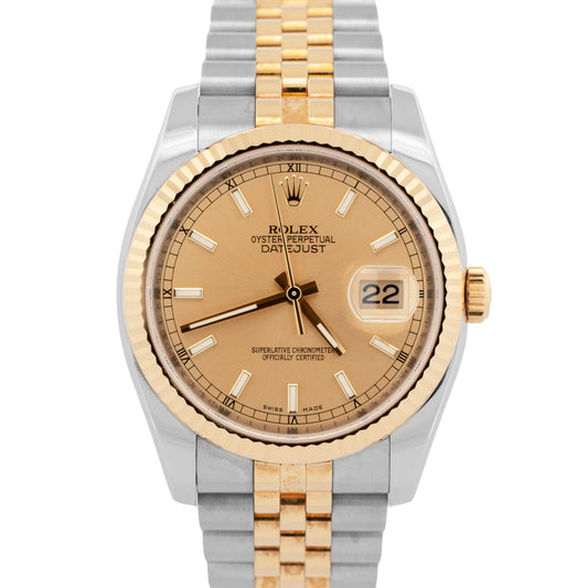 PAPERS Rolex DateJust 36mm CHAMPAGNE Two-Tone 18K Yellow Gold JUBILEE 116233 BOX
