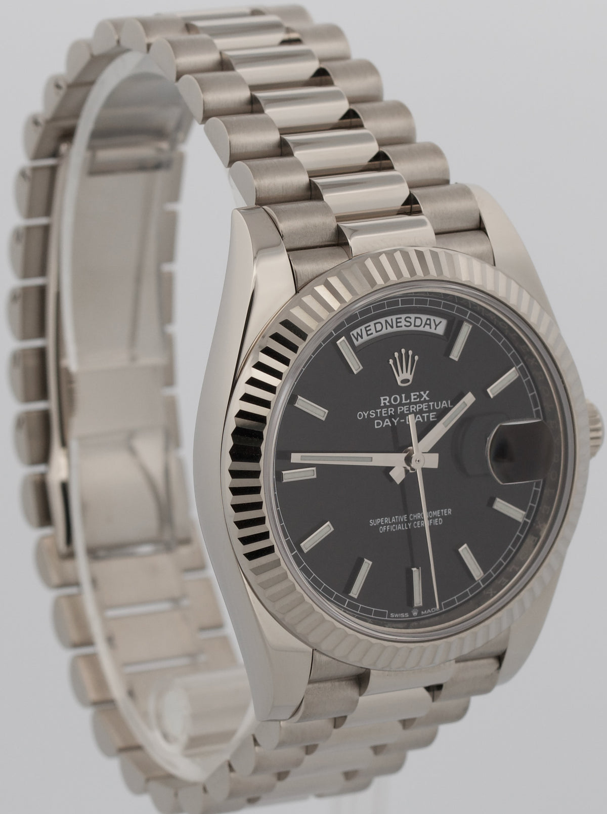 2022 Rolex Day-Date President 228239 Black 18K White Gold Fluted 40mm Box Papers