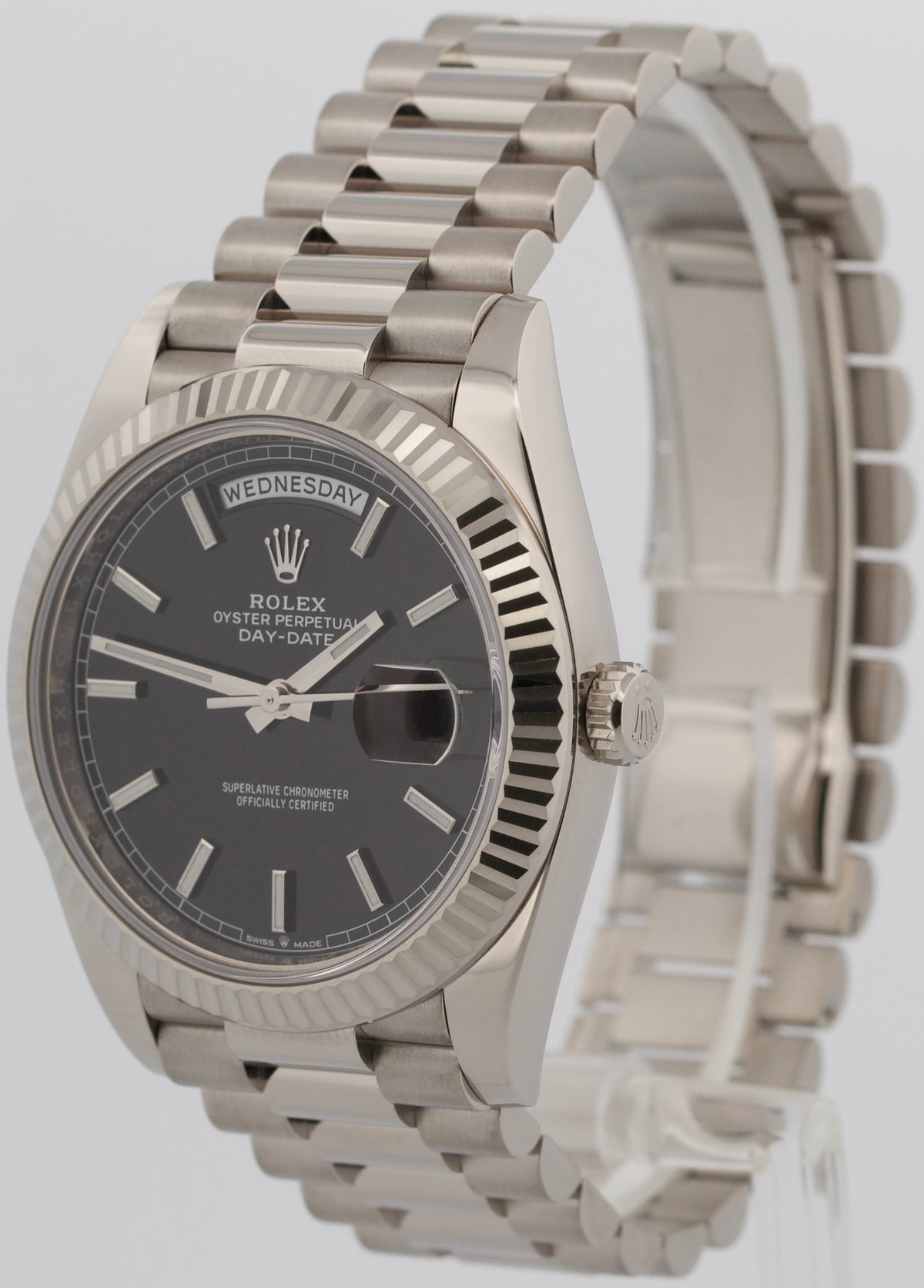 2022 Rolex Day-Date President 228239 Black 18K White Gold Fluted 40mm Box Papers
