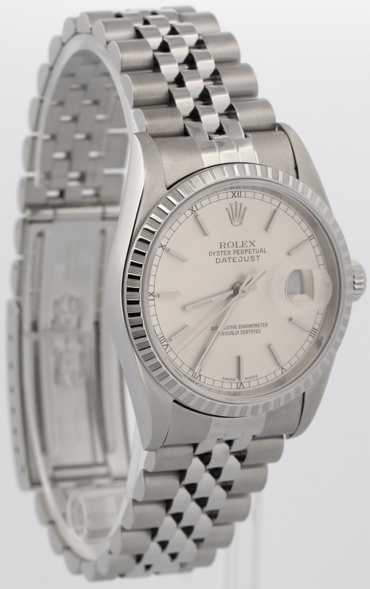 2001 Rolex DateJust 16220 Silver 36mm Stainless Engine-Turned Jubilee Box Papers