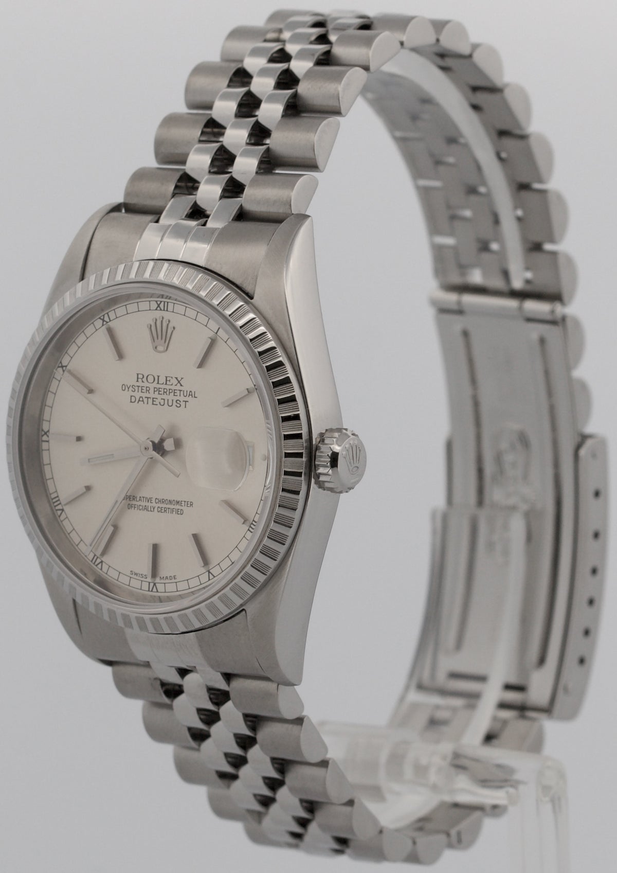 2001 Rolex DateJust 16220 Silver 36mm Stainless Engine-Turned Jubilee Box Papers